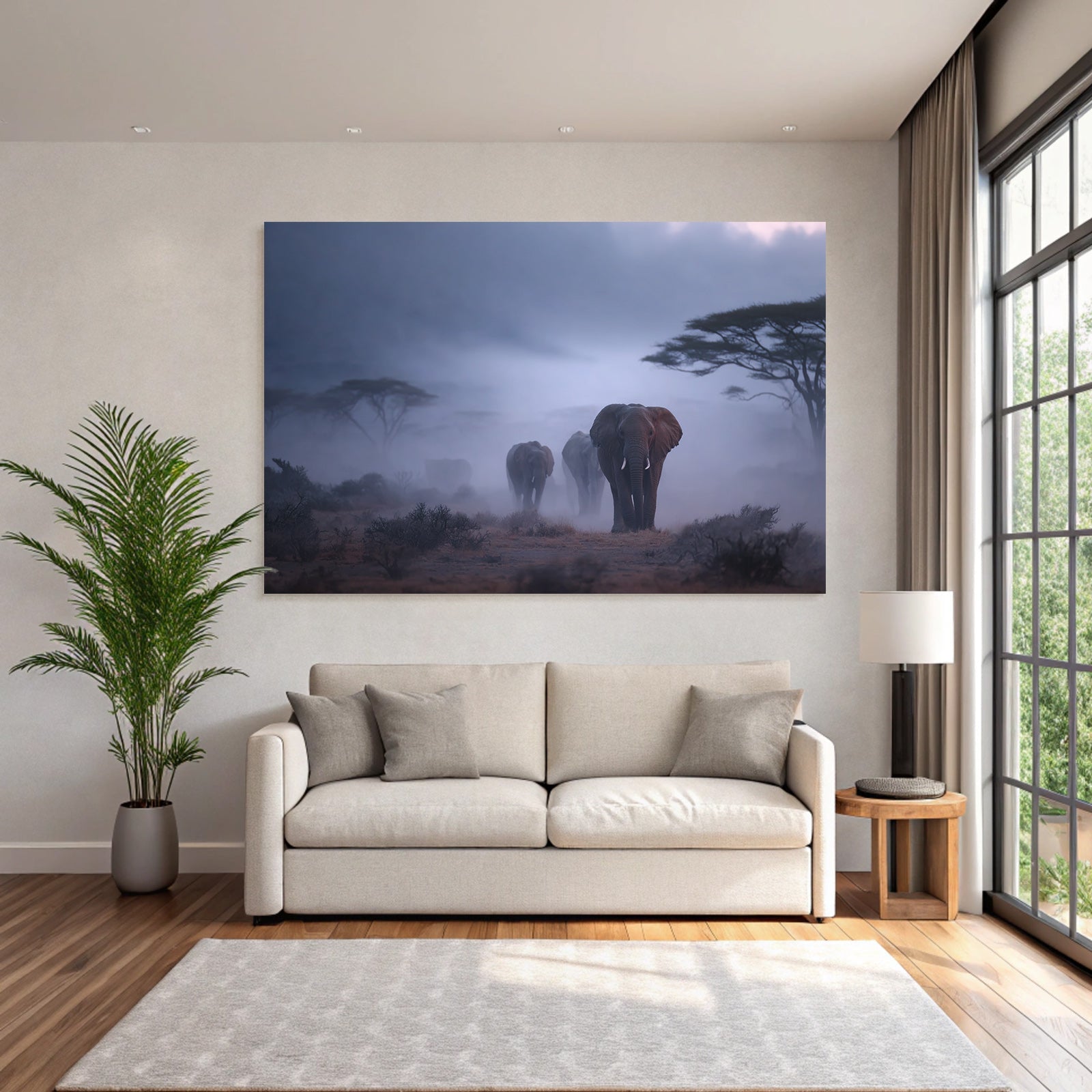 Elefantenherde In Nebliger Landschaft Morgendliche Stimmung