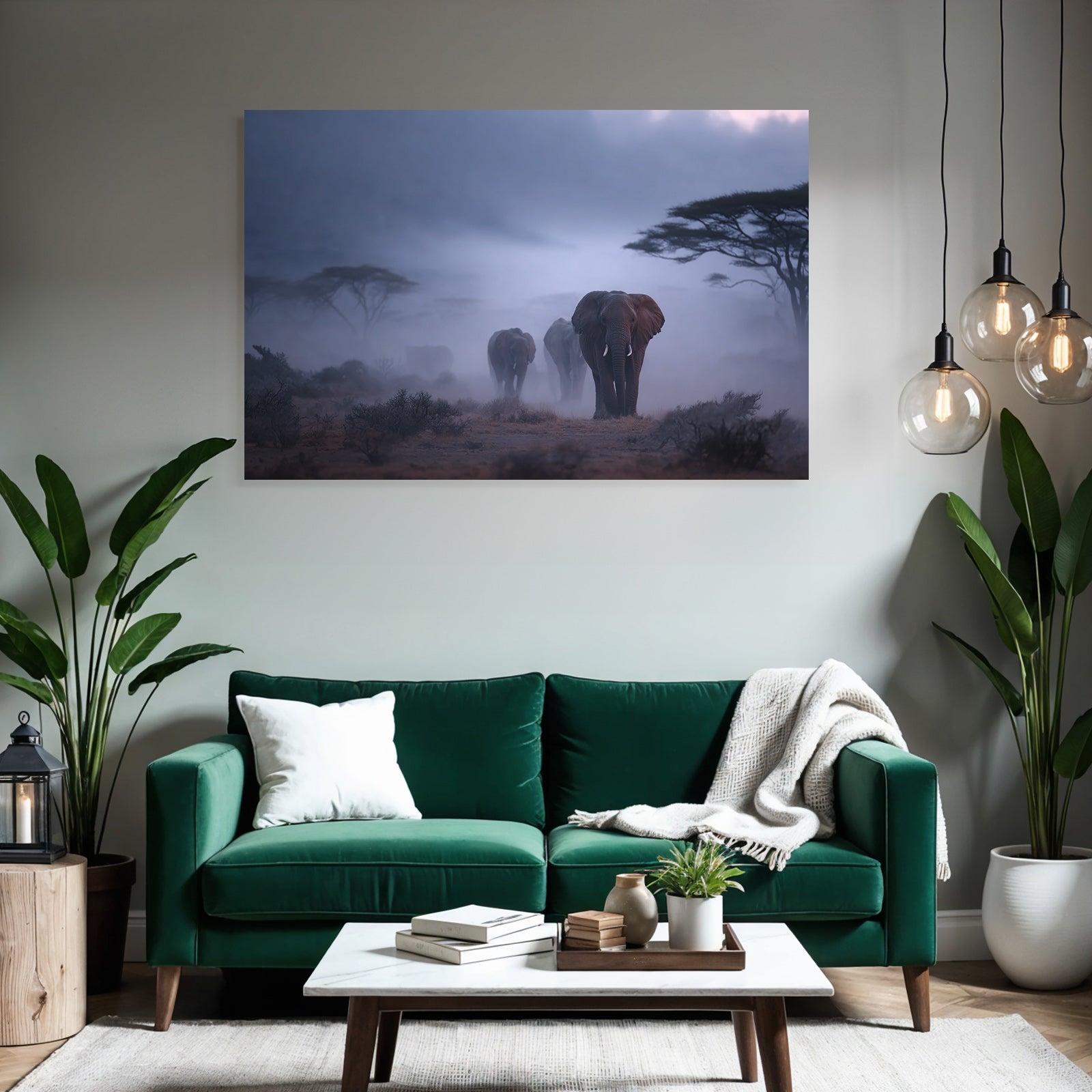 Elefantenherde In Nebliger Landschaft Morgendliche Stimmung