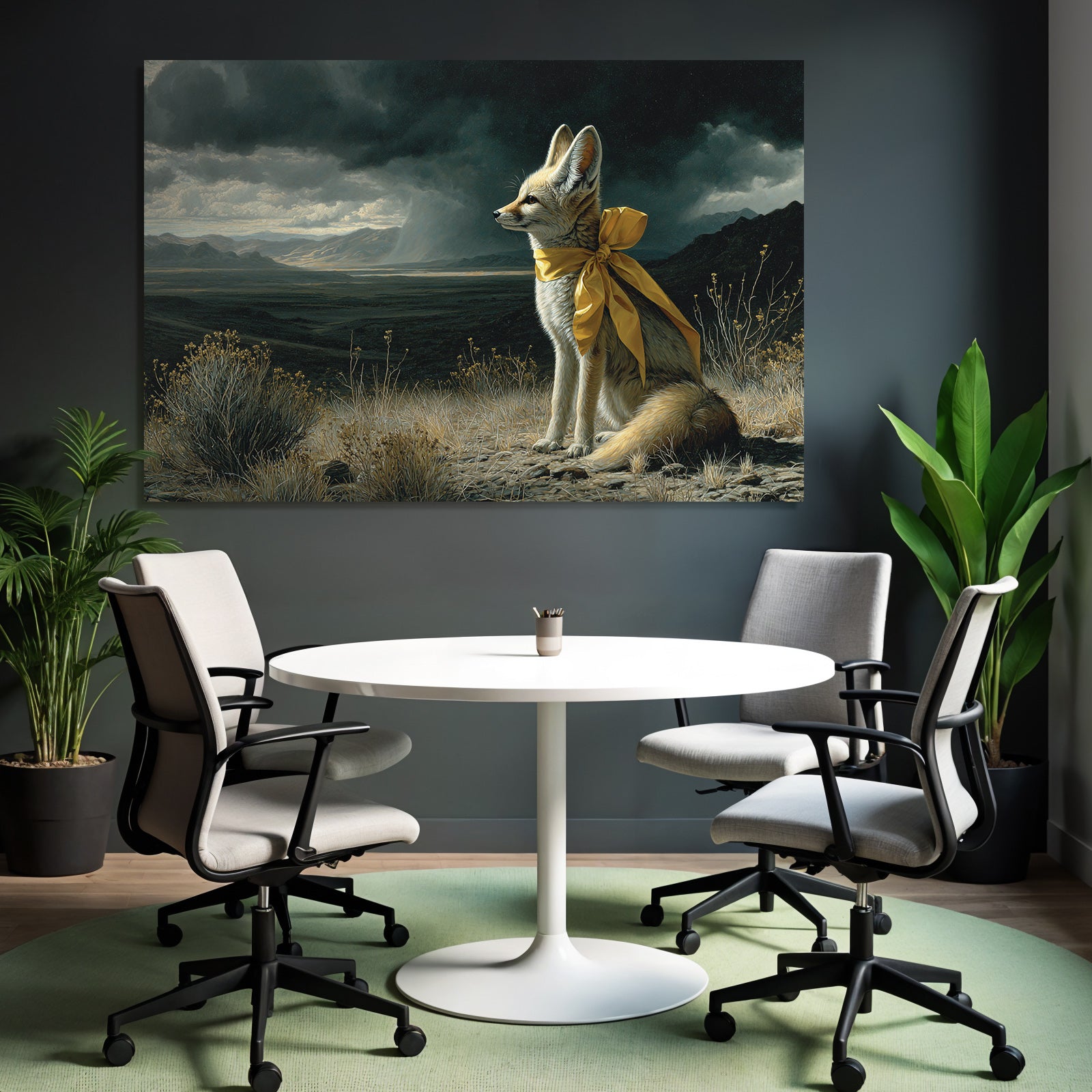 Elegante Füchsin Mit Gelbem Band In Dramatischer Landschaft