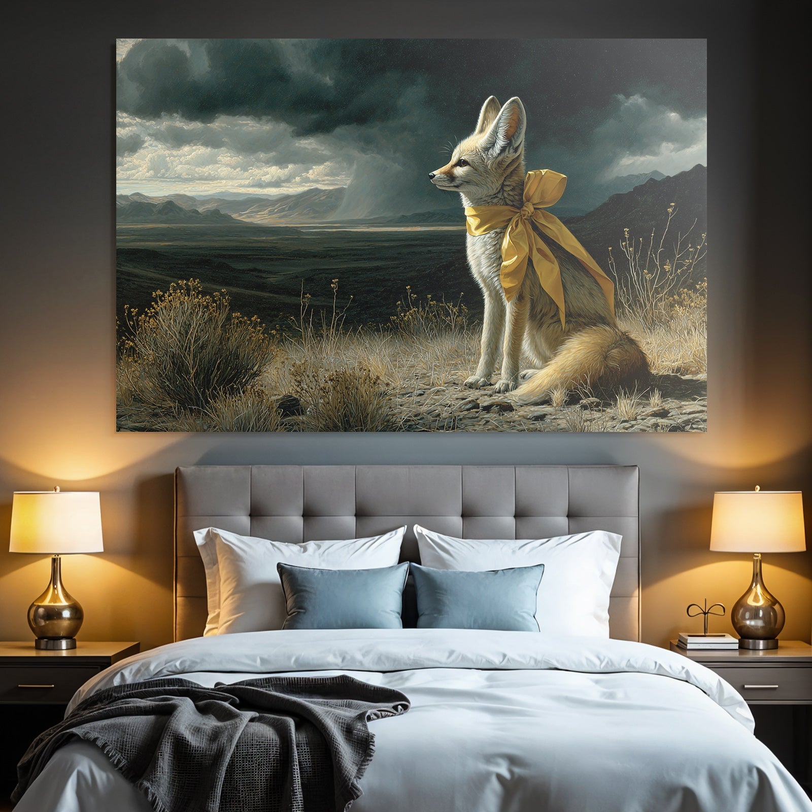 Elegante Füchsin Mit Gelbem Band In Dramatischer Landschaft