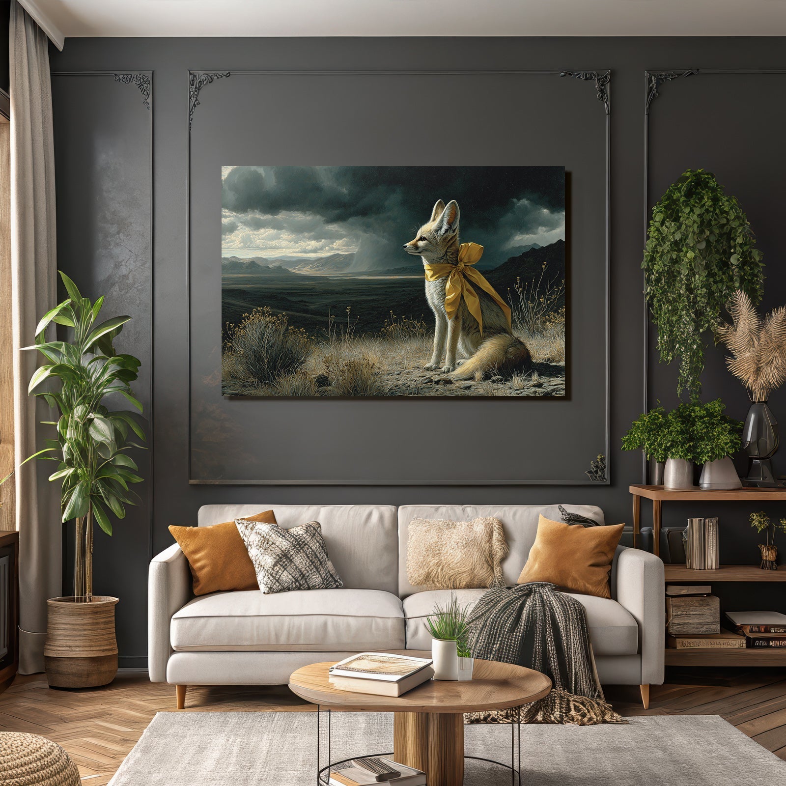 Elegante Füchsin Mit Gelbem Band In Dramatischer Landschaft