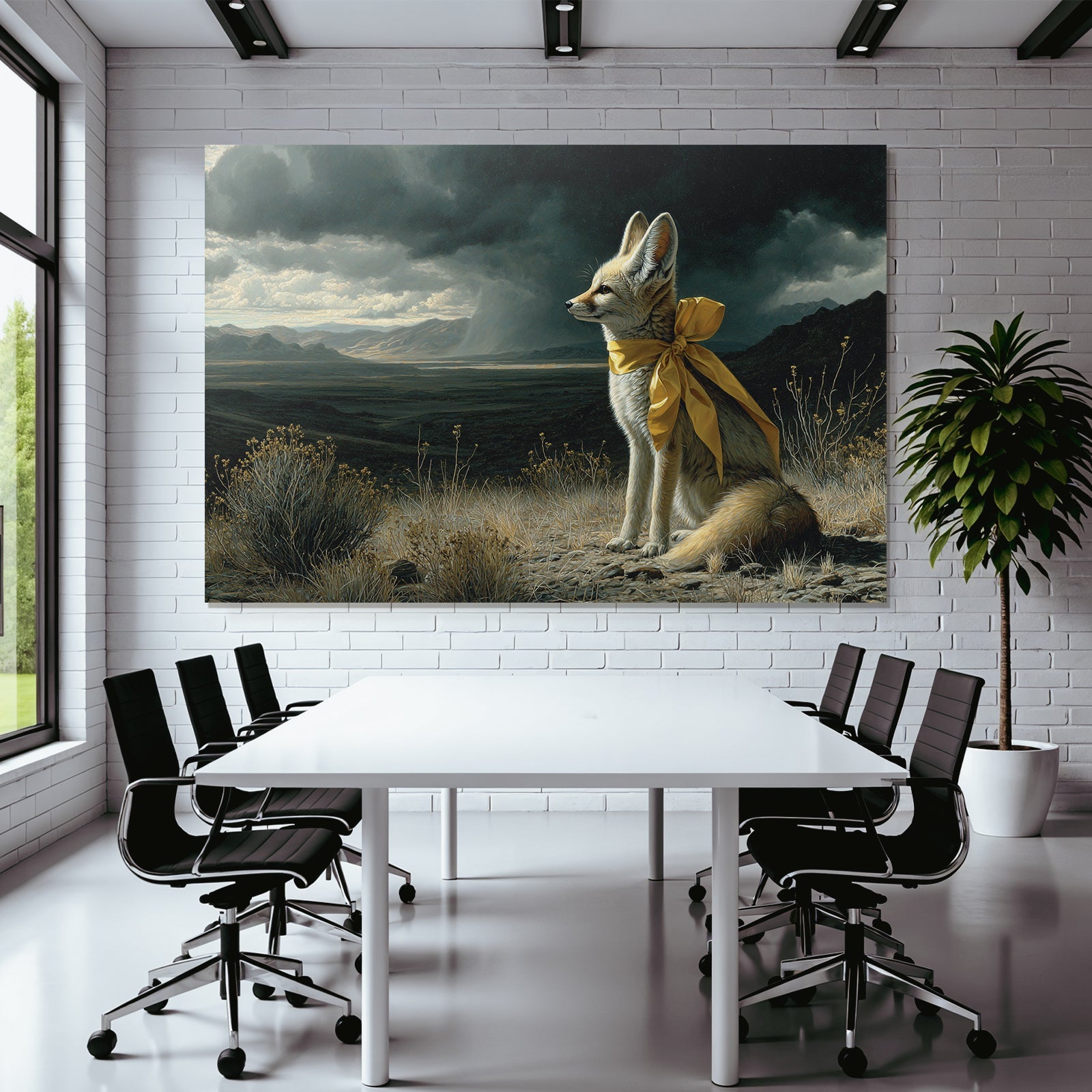 Elegante Füchsin Mit Gelbem Band In Dramatischer Landschaft