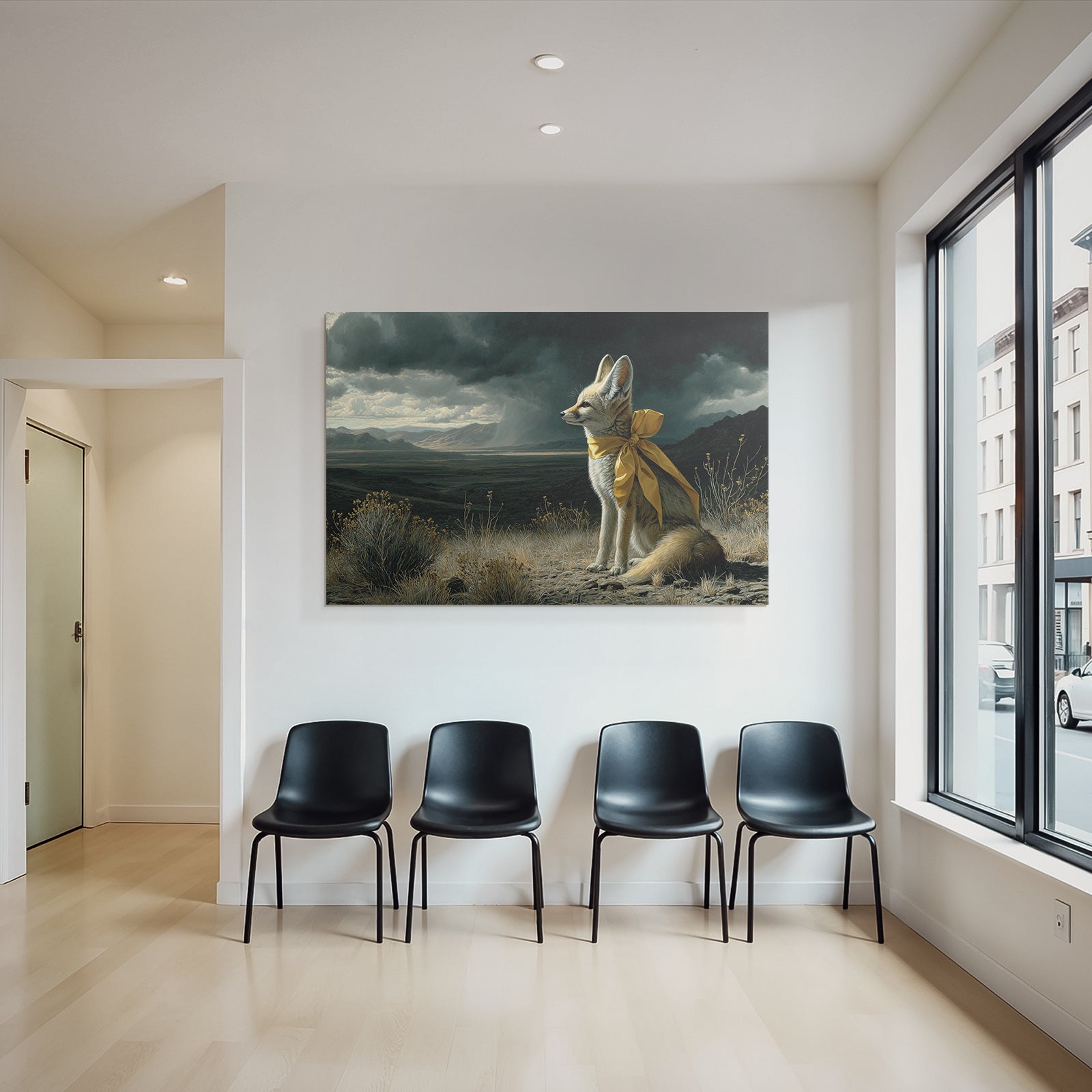 Elegante Füchsin Mit Gelbem Band In Dramatischer Landschaft