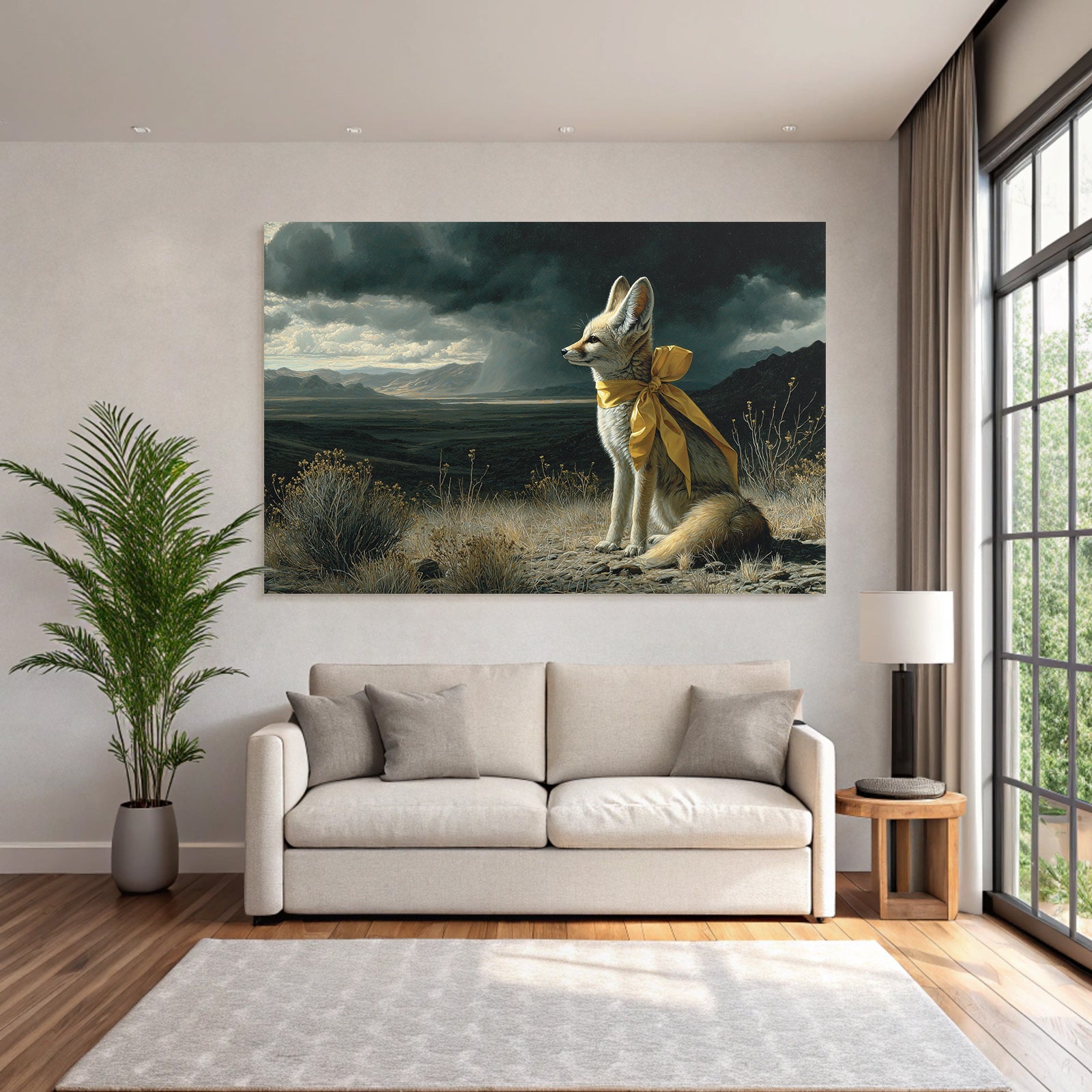 Elegante Füchsin Mit Gelbem Band In Dramatischer Landschaft