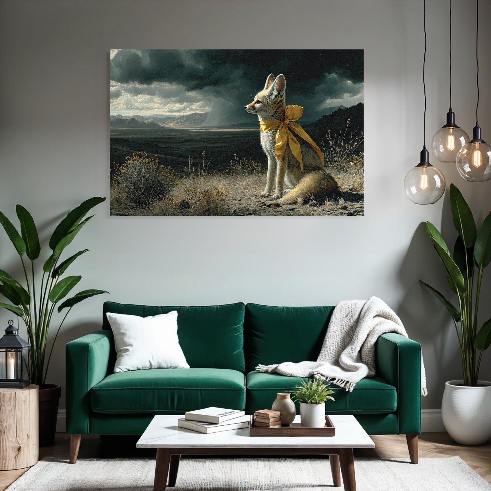 Elegante Füchsin Mit Gelbem Band In Dramatischer Landschaft