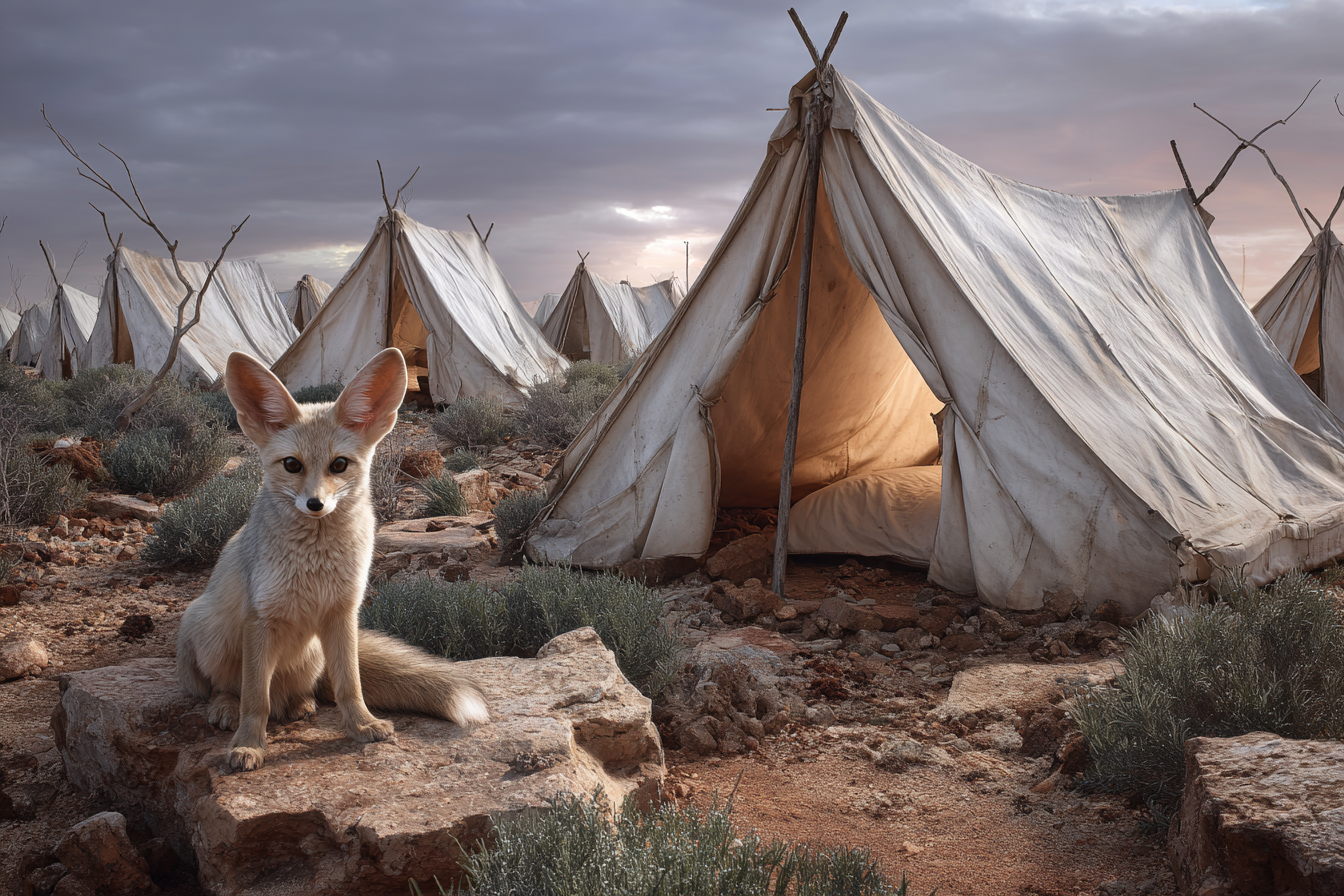 Fennefox Vor Zelten In Der Wüste Mit Felsen Und Vegetation | Safari und Wildtiere | Tiere