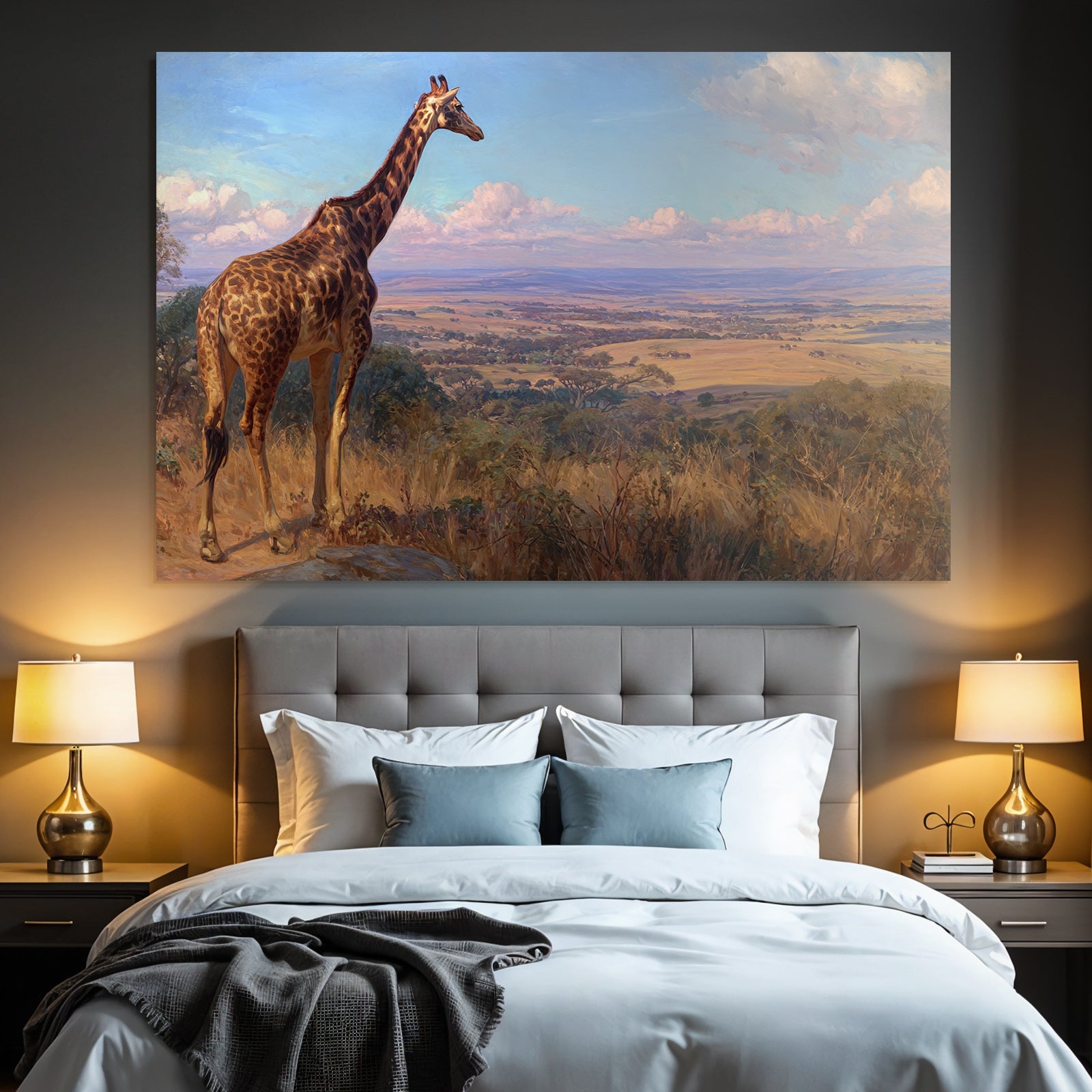 Giraffe Auf Felsen Blickt Über Die Landschaft Malerei