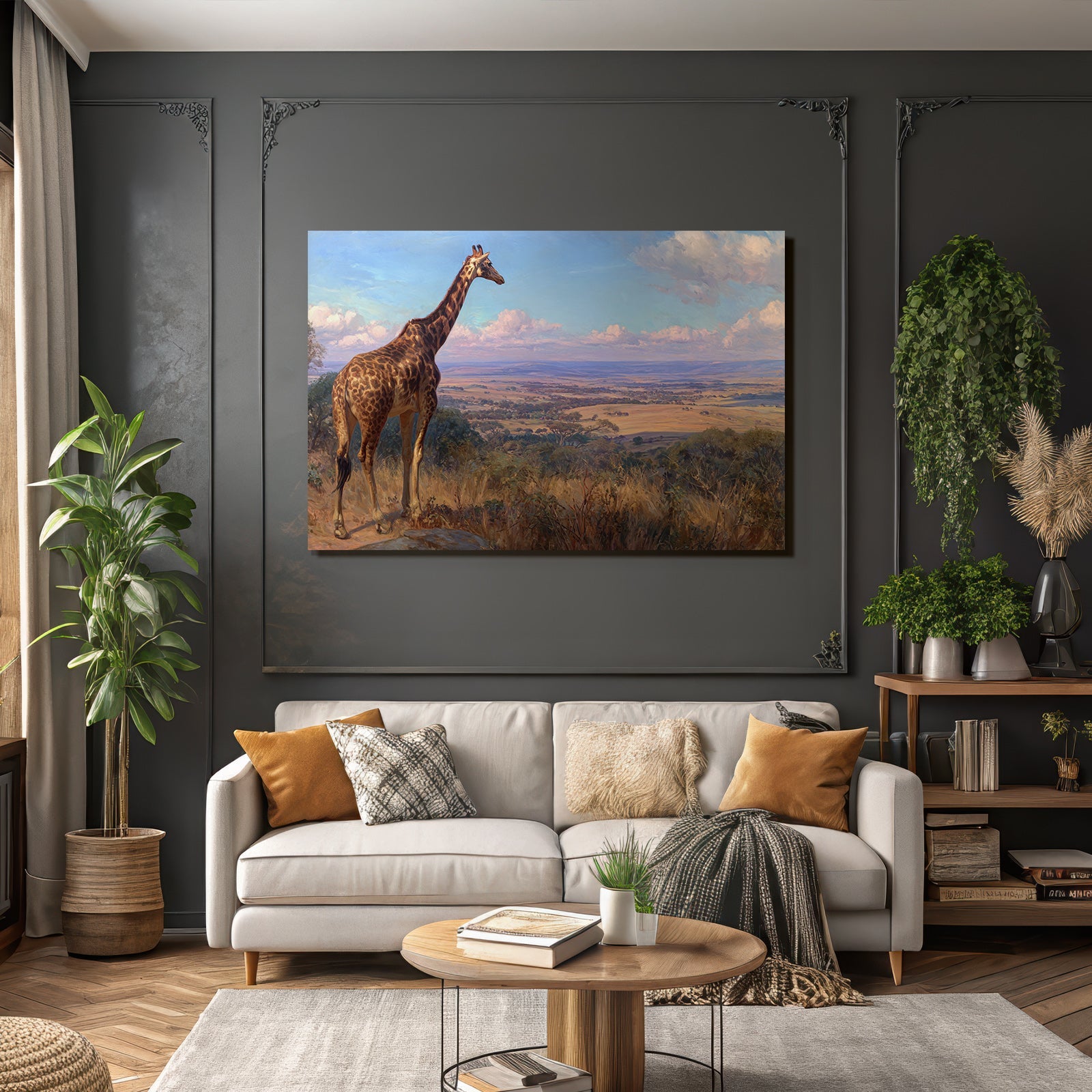 Giraffe Auf Felsen Blickt Über Die Landschaft Malerei
