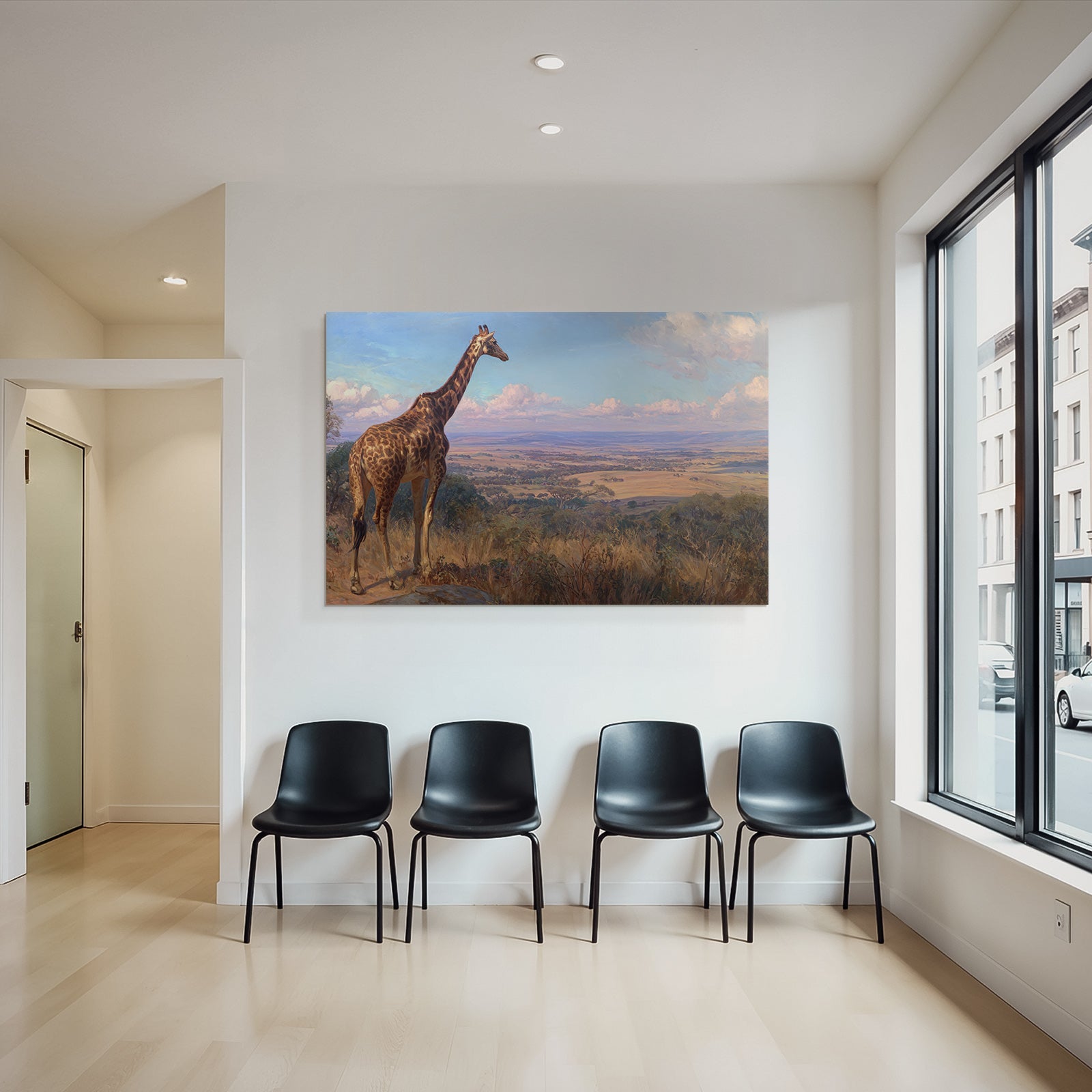 Giraffe Auf Felsen Blickt Über Die Landschaft Malerei