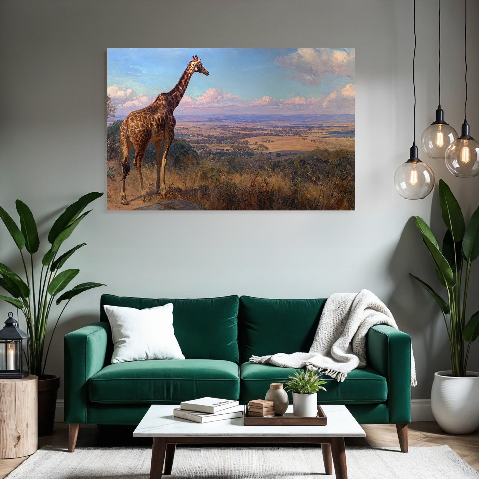 Giraffe Auf Felsen Blickt Über Die Landschaft Malerei