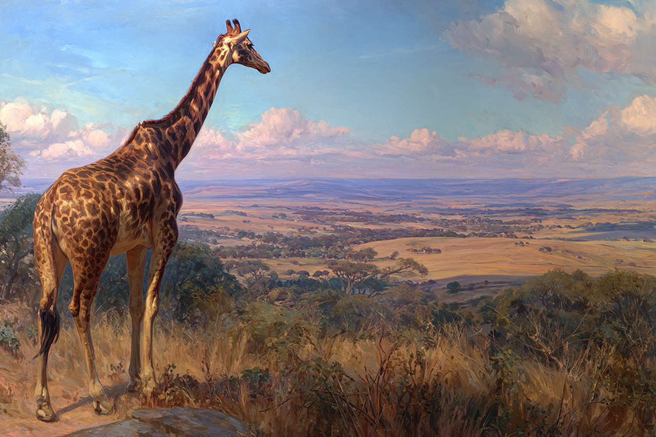 Giraffe Auf Felsen Blickt Über Die Landschaft Malerei | Safari und Wildtiere | Tiere