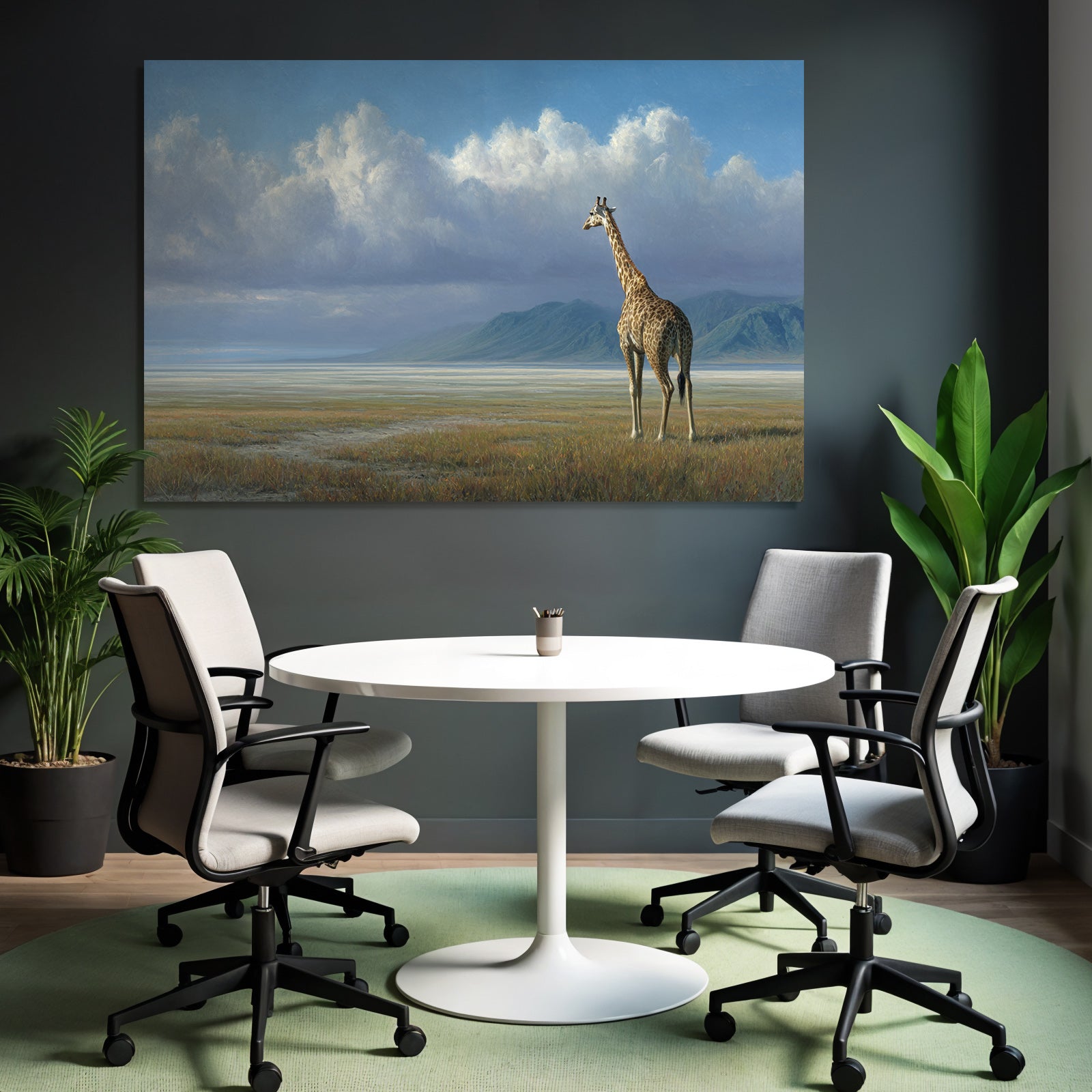 Giraffe In Der Landschaft Mit Bergen Himmel Und Wolken
