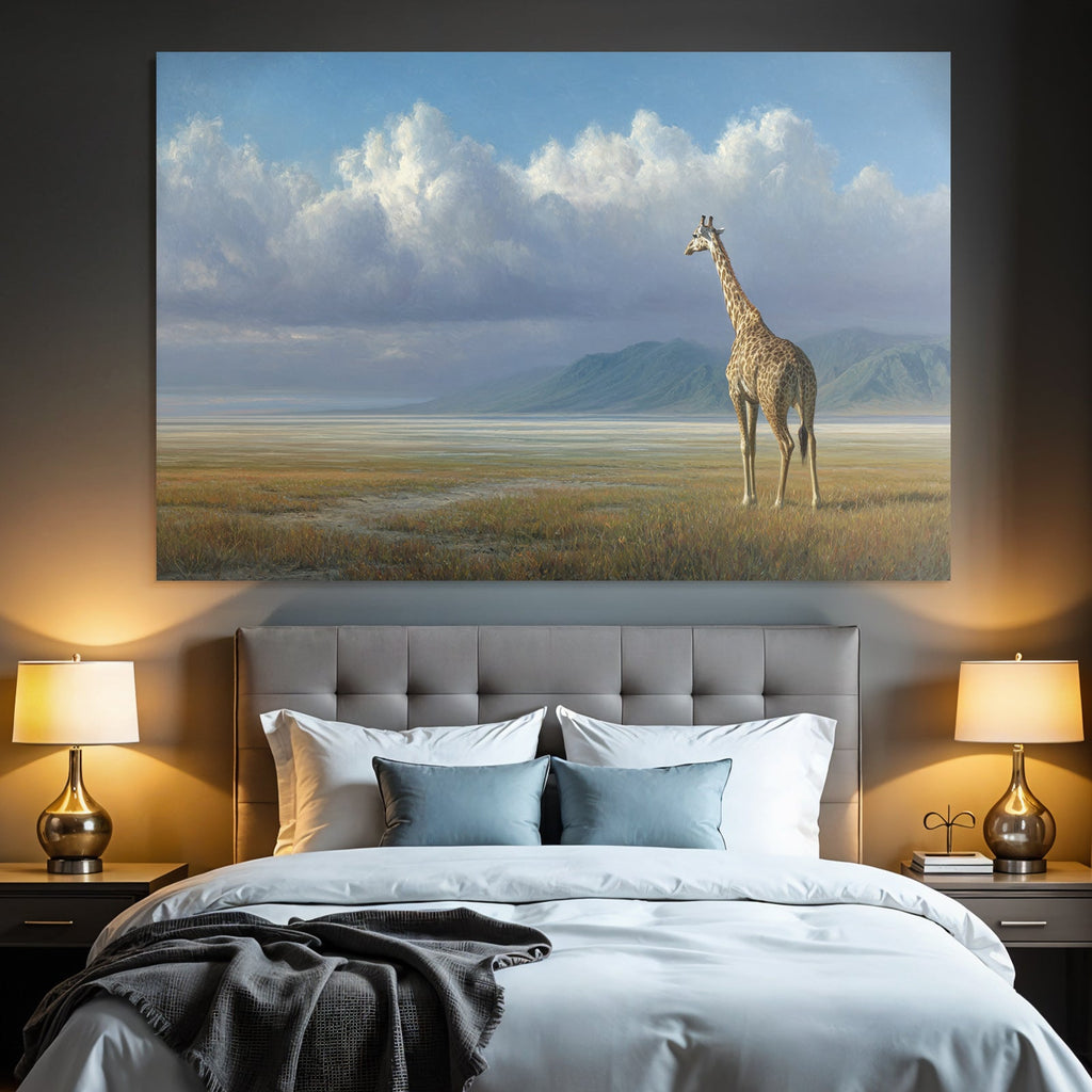 Giraffe In Der Landschaft Mit Bergen Himmel Und Wolken