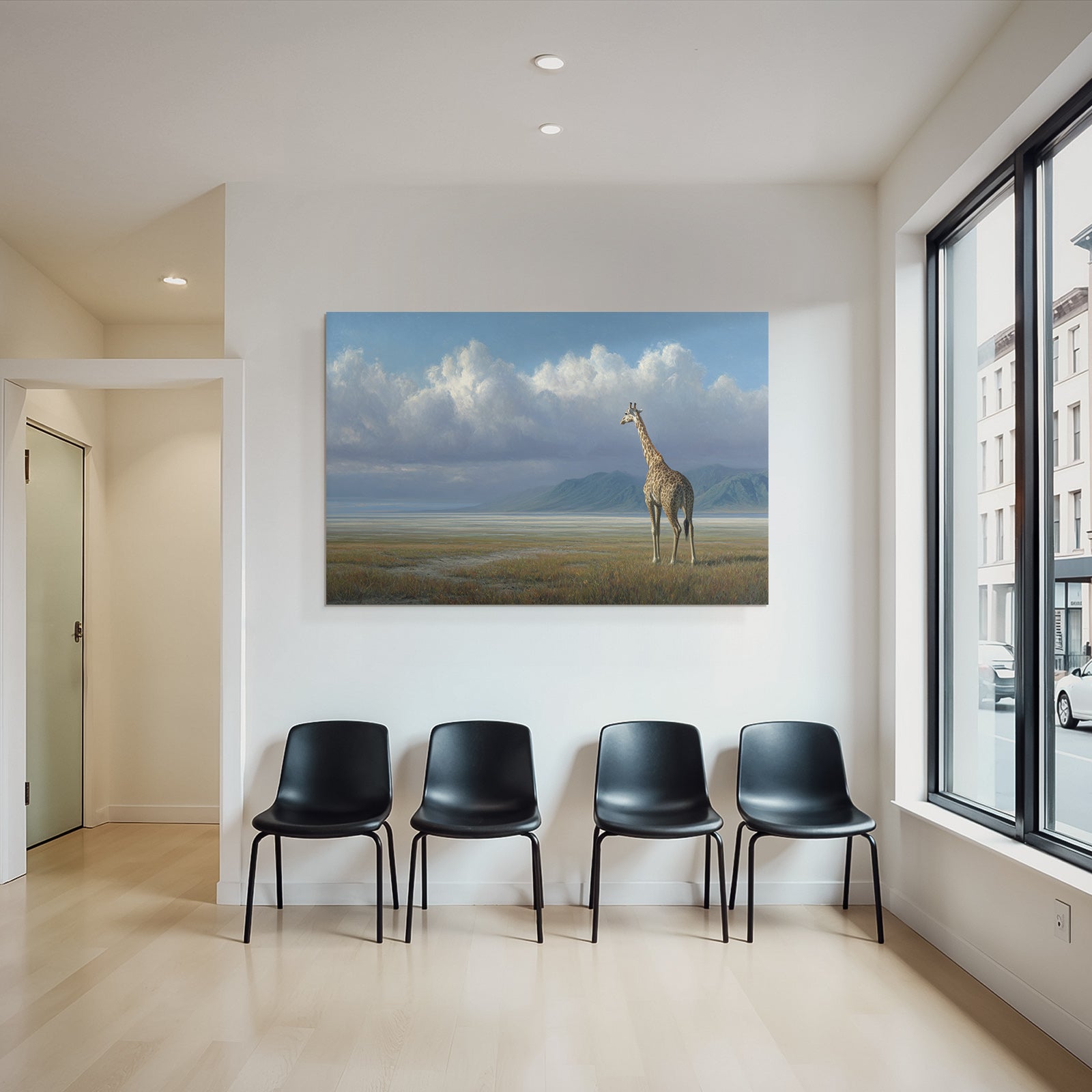Giraffe In Der Landschaft Mit Bergen Himmel Und Wolken
