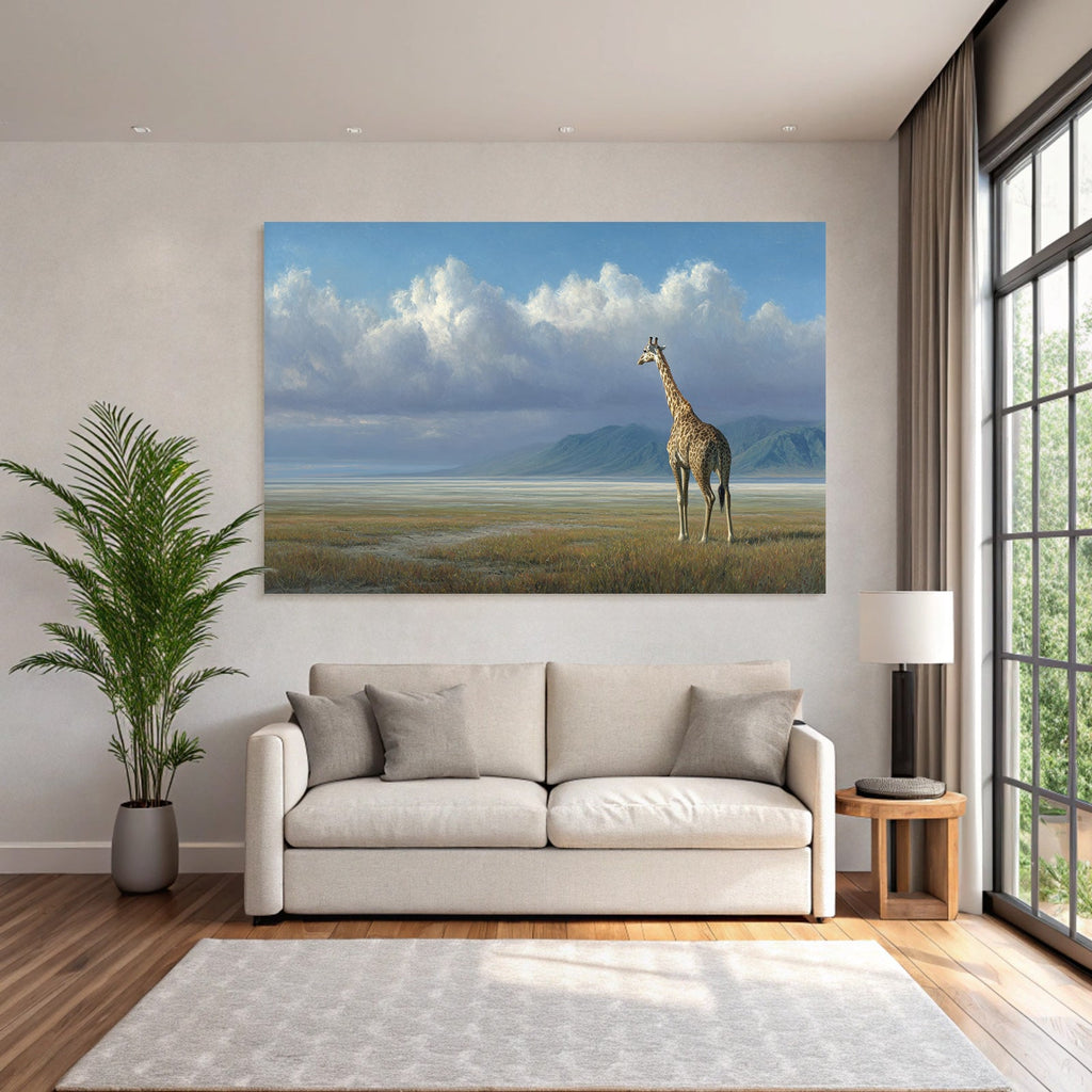 Giraffe In Der Landschaft Mit Bergen Himmel Und Wolken
