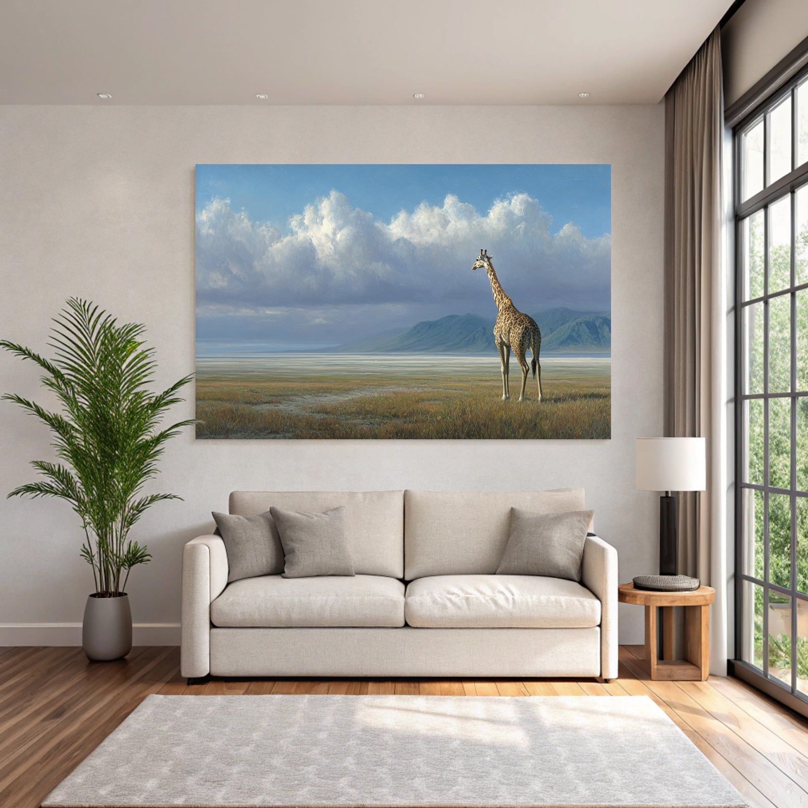 Giraffe In Der Landschaft Mit Bergen Himmel Und Wolken