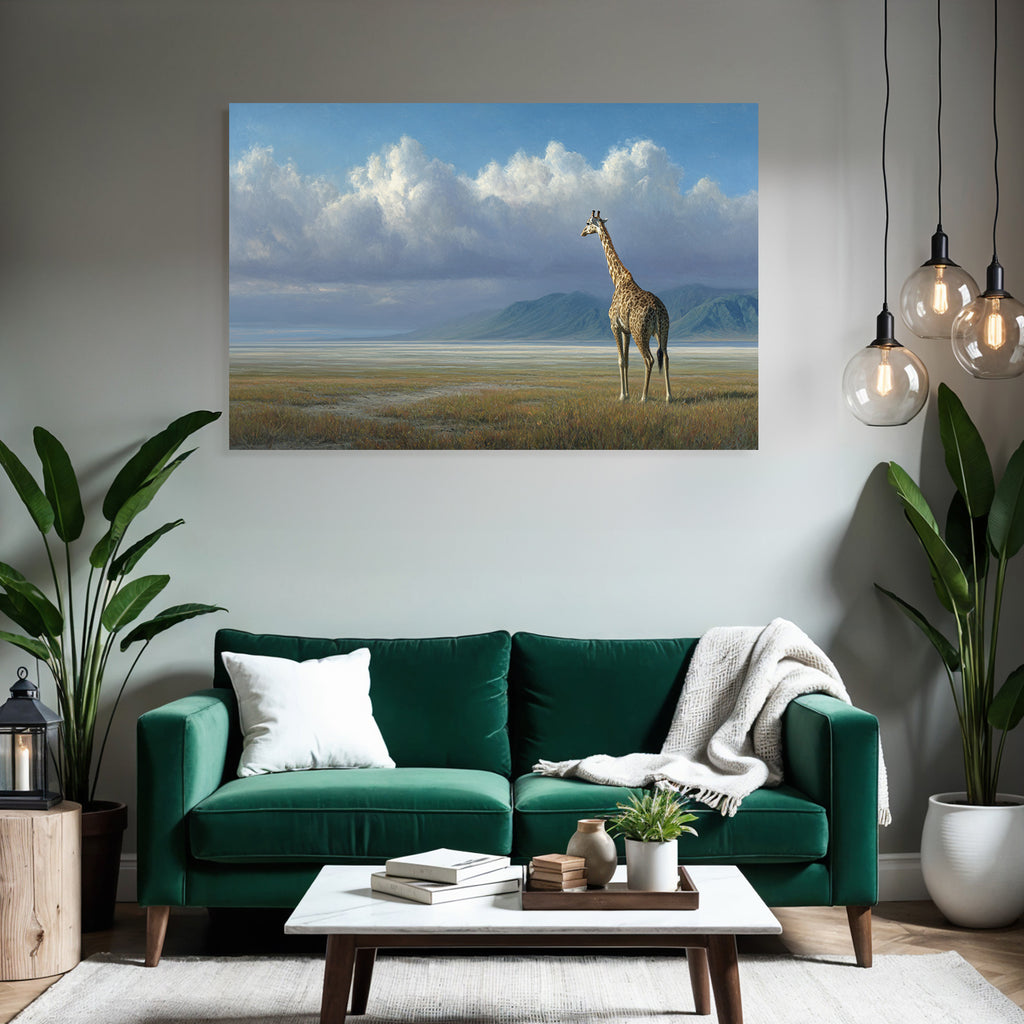 Giraffe In Der Landschaft Mit Bergen Himmel Und Wolken