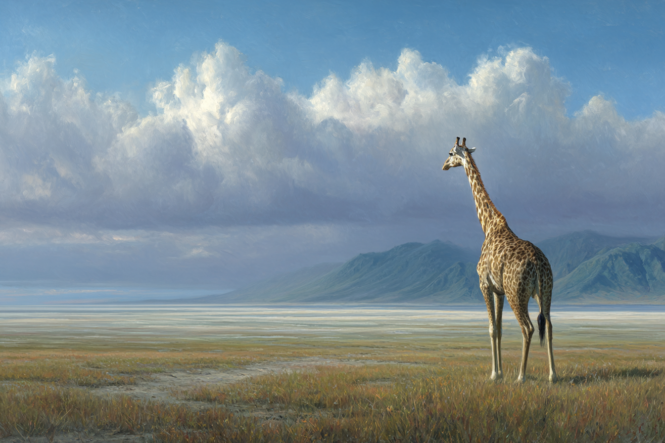 Giraffe In Der Landschaft Mit Bergen Himmel Und Wolken | Safari und Wildtiere | Tiere