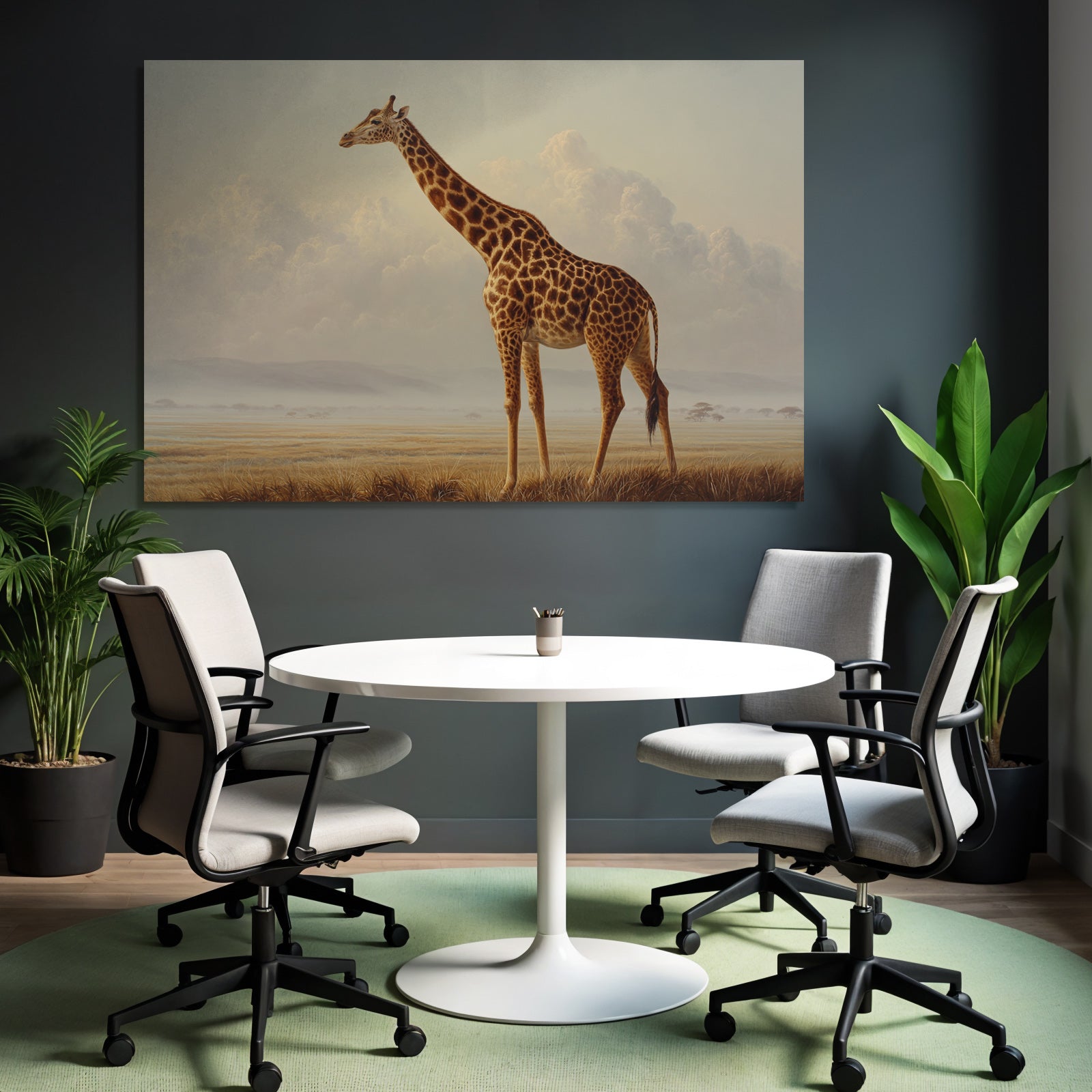 Giraffe In Einer Ruhigen Landschaft Mit Wolkigem Horizont