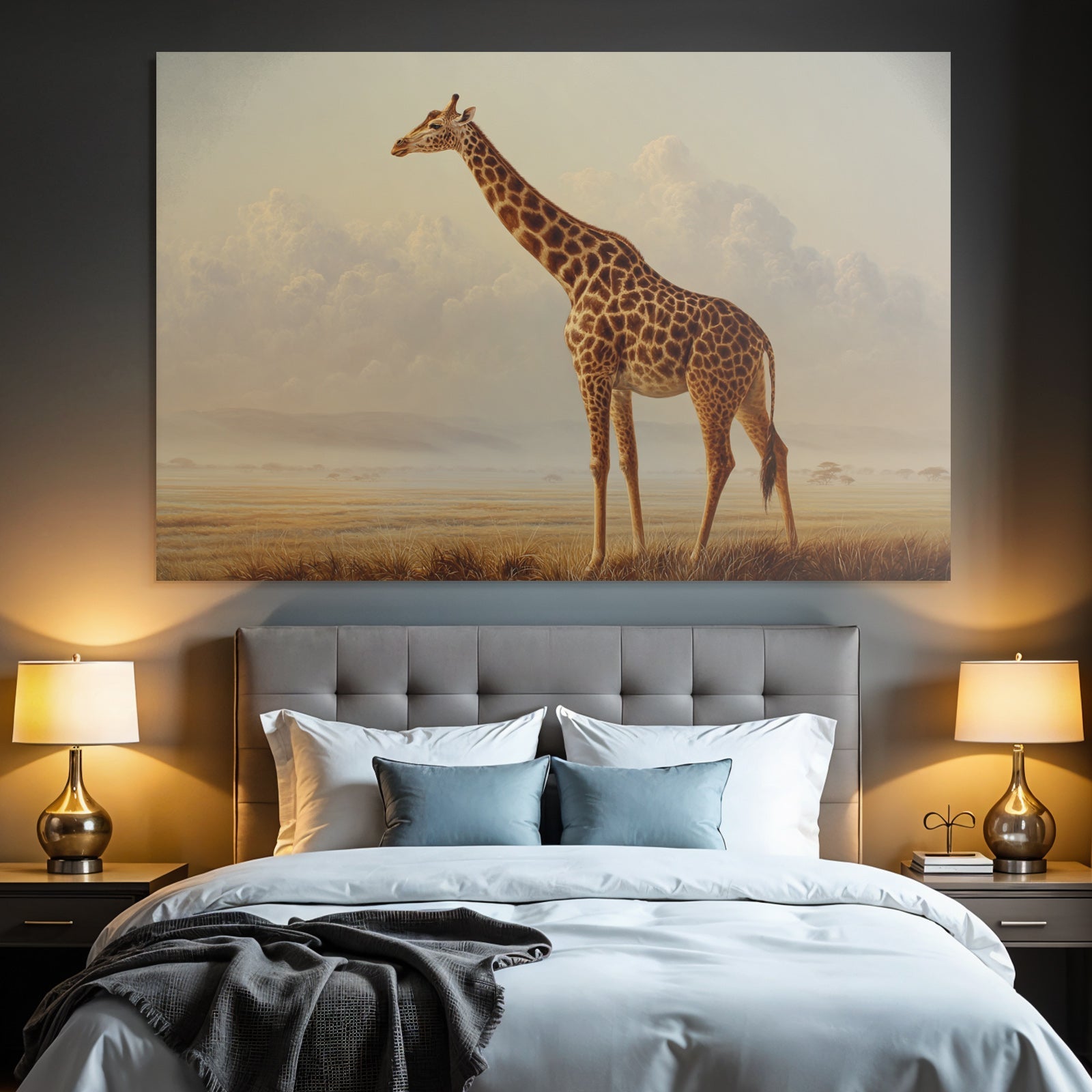 Giraffe In Einer Ruhigen Landschaft Mit Wolkigem Horizont
