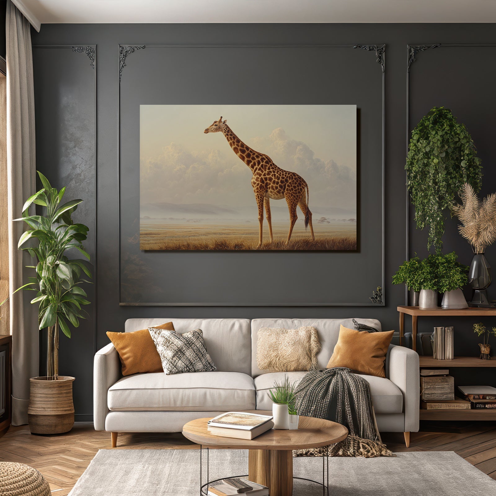 Giraffe In Einer Ruhigen Landschaft Mit Wolkigem Horizont