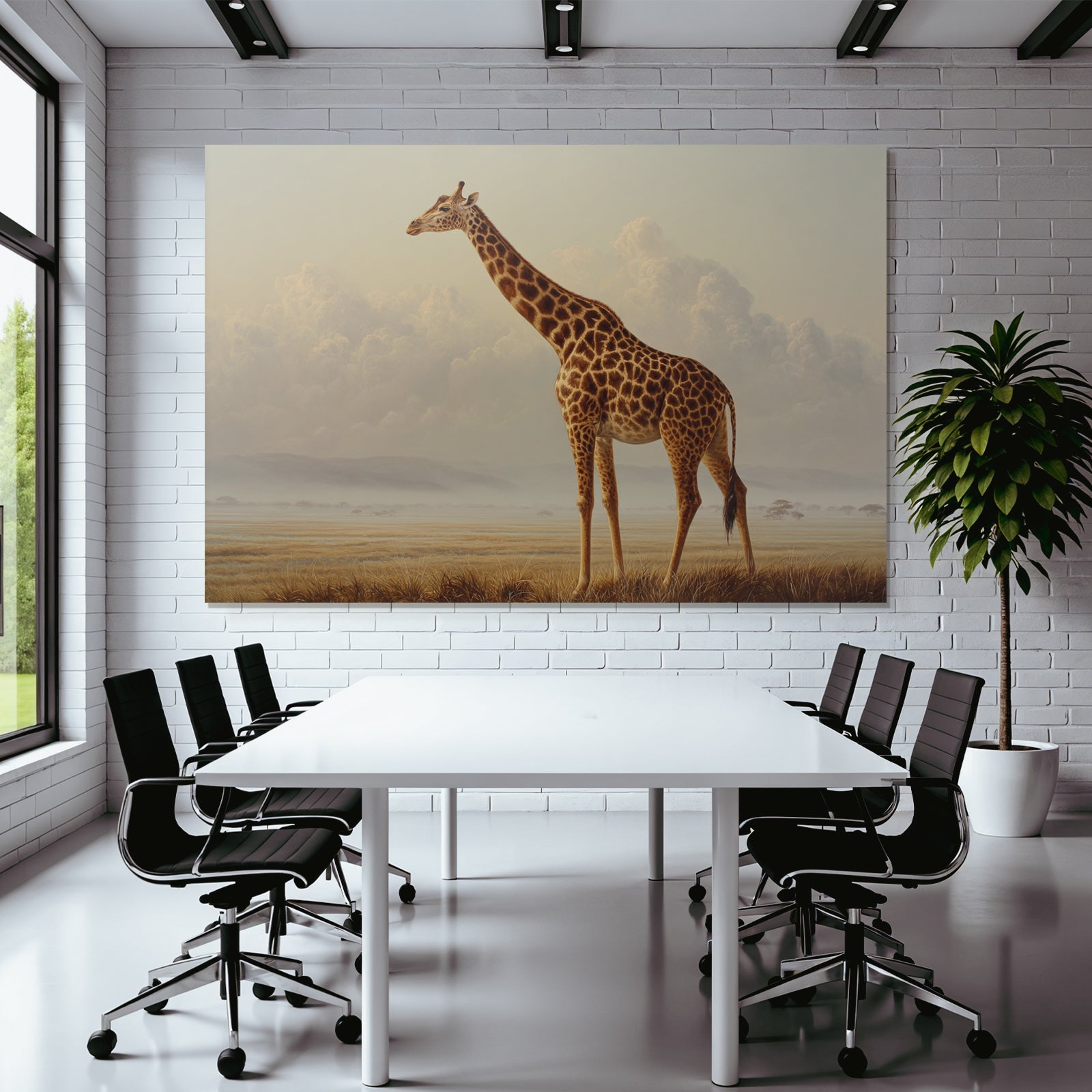 Giraffe In Einer Ruhigen Landschaft Mit Wolkigem Horizont