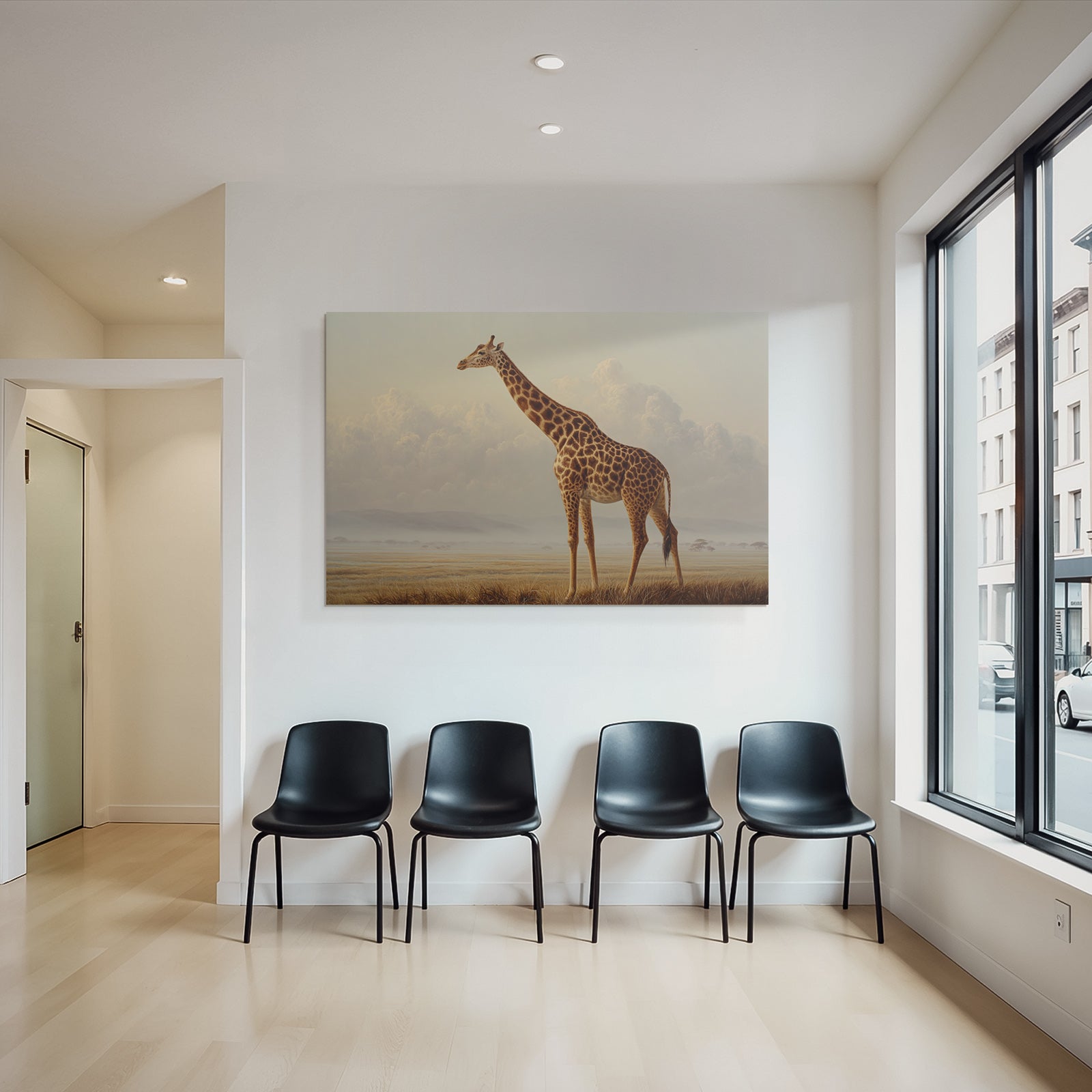 Giraffe In Einer Ruhigen Landschaft Mit Wolkigem Horizont