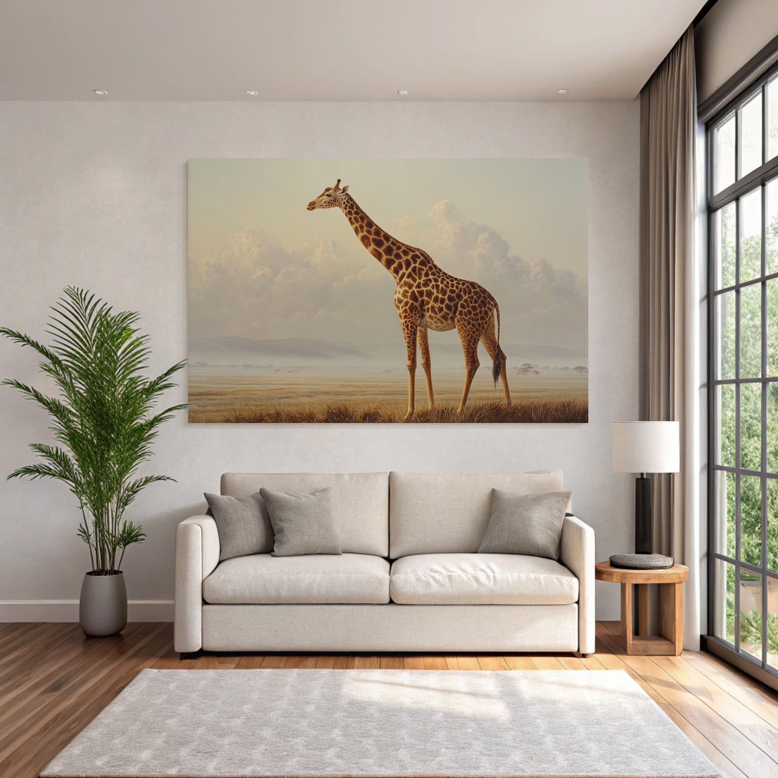 Giraffe In Einer Ruhigen Landschaft Mit Wolkigem Horizont
