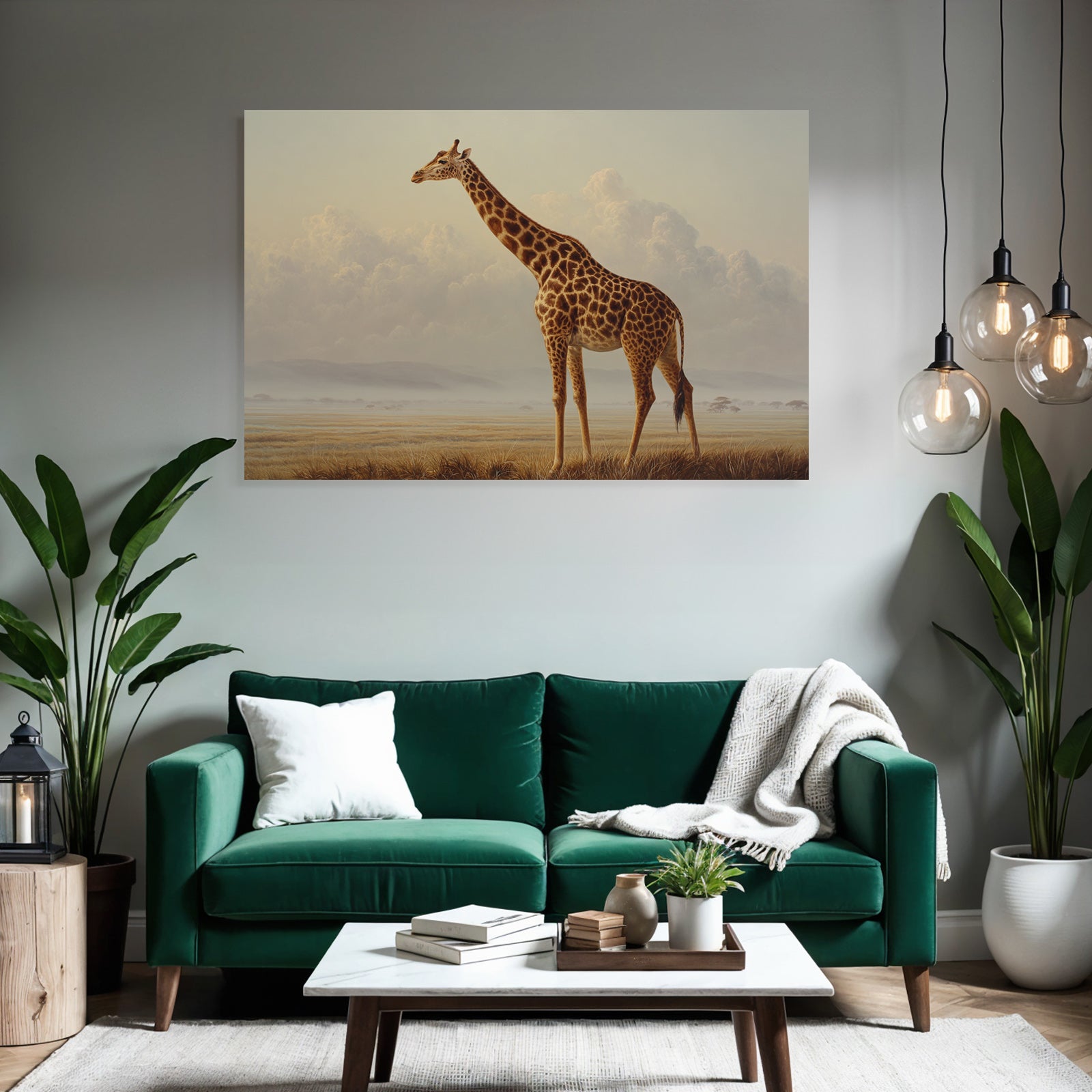 Giraffe In Einer Ruhigen Landschaft Mit Wolkigem Horizont