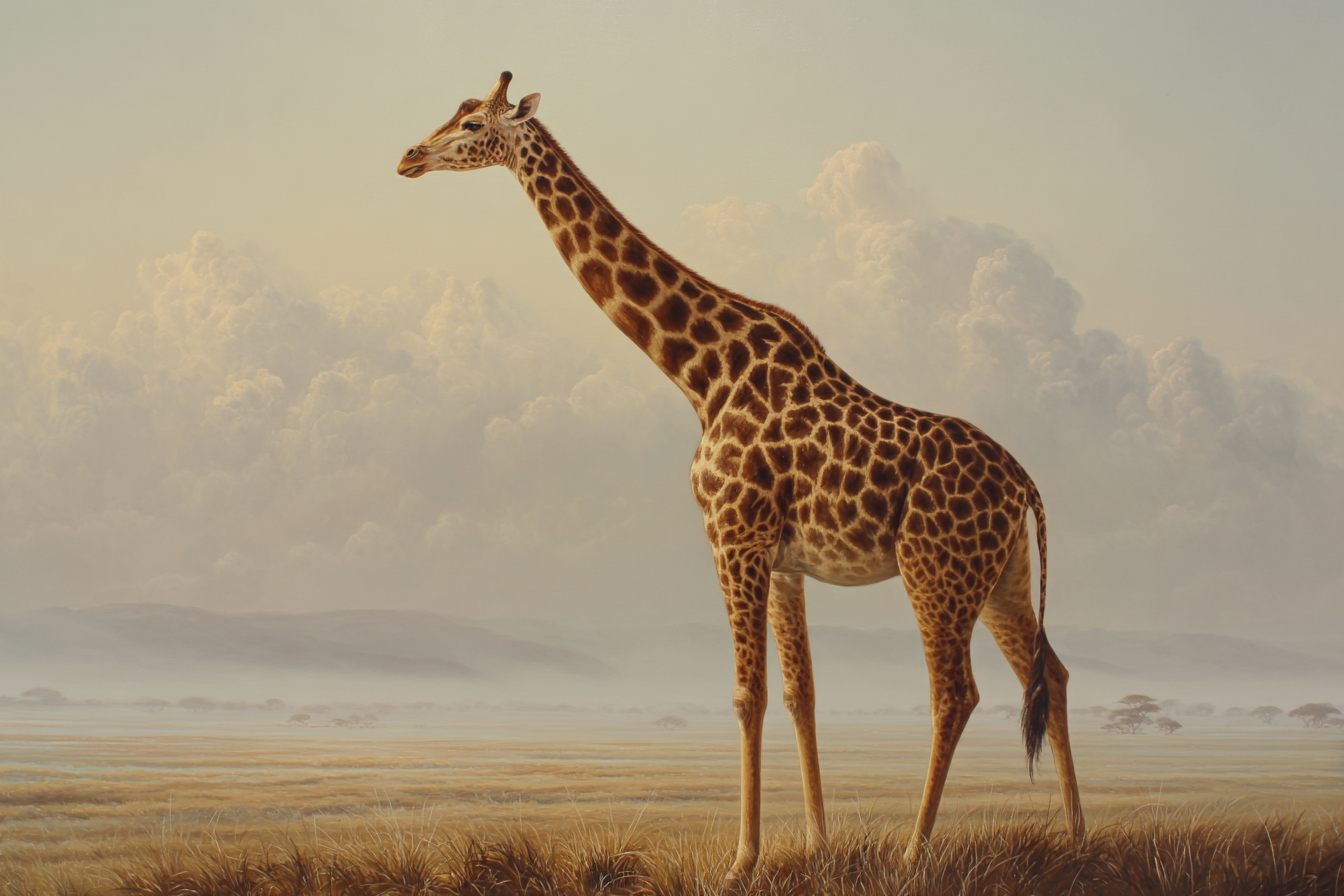Giraffe In Einer Ruhigen Landschaft Mit Wolkigem Horizont | Safari und Wildtiere | Tiere