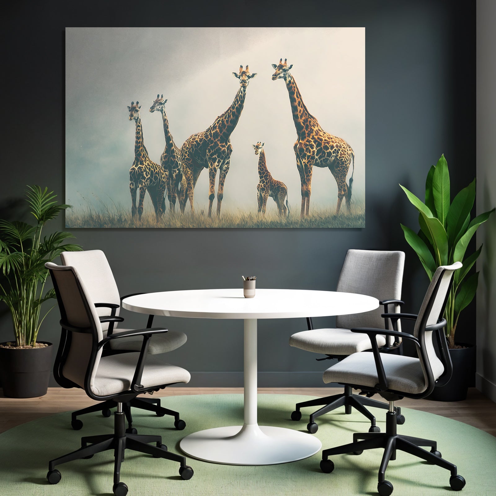 Giraffen Gruppenbild Mit Kalb In Einer Nebligen Wiese