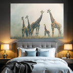 Giraffen Gruppenbild Mit Kalb In Einer Nebligen Wiese