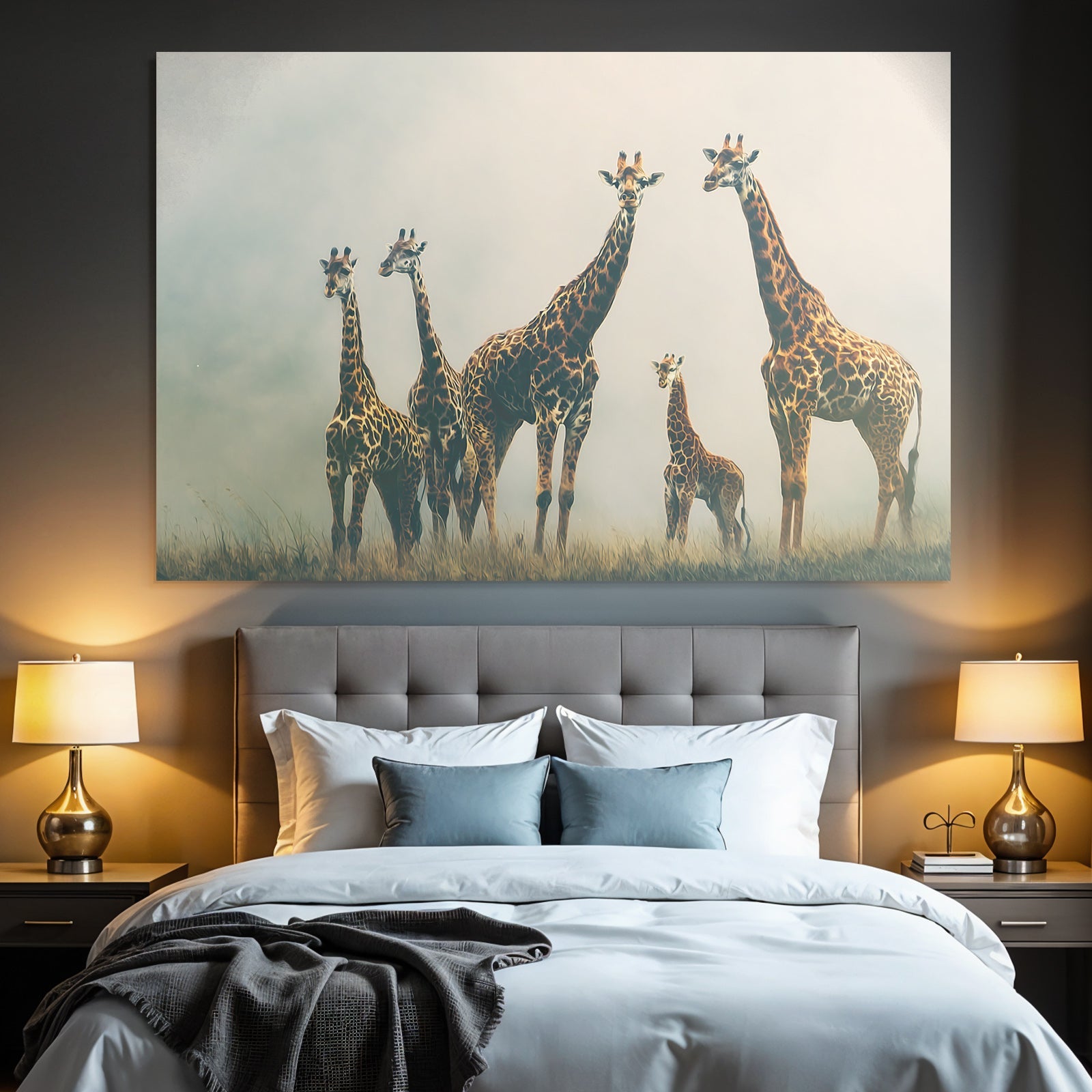 Giraffen Gruppenbild Mit Kalb In Einer Nebligen Wiese