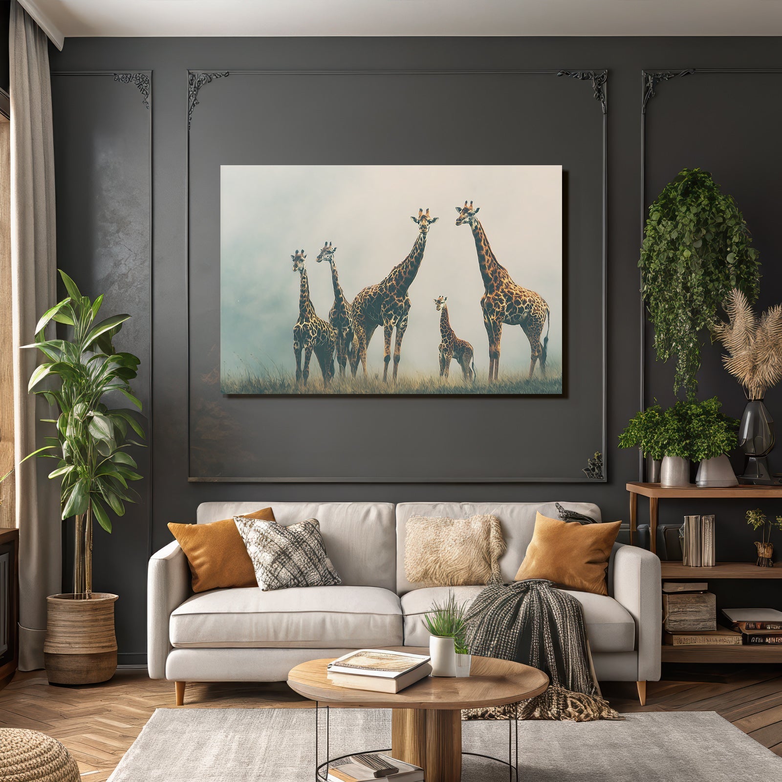 Giraffen Gruppenbild Mit Kalb In Einer Nebligen Wiese