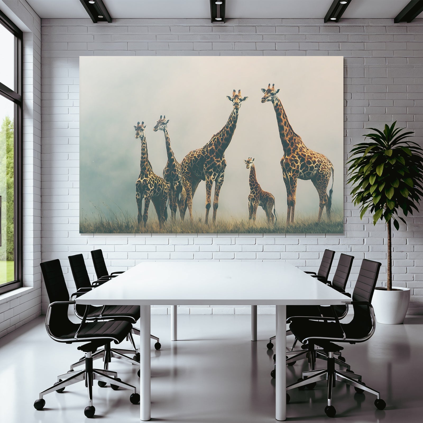 Giraffen Gruppenbild Mit Kalb In Einer Nebligen Wiese