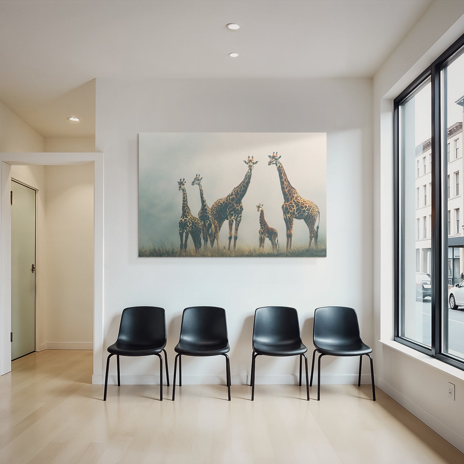 Giraffen Gruppenbild Mit Kalb In Einer Nebligen Wiese