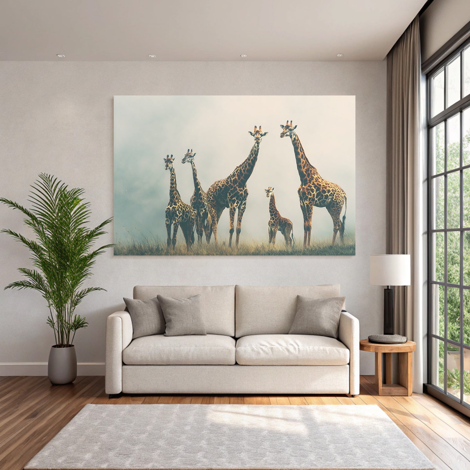 Giraffen Gruppenbild Mit Kalb In Einer Nebligen Wiese