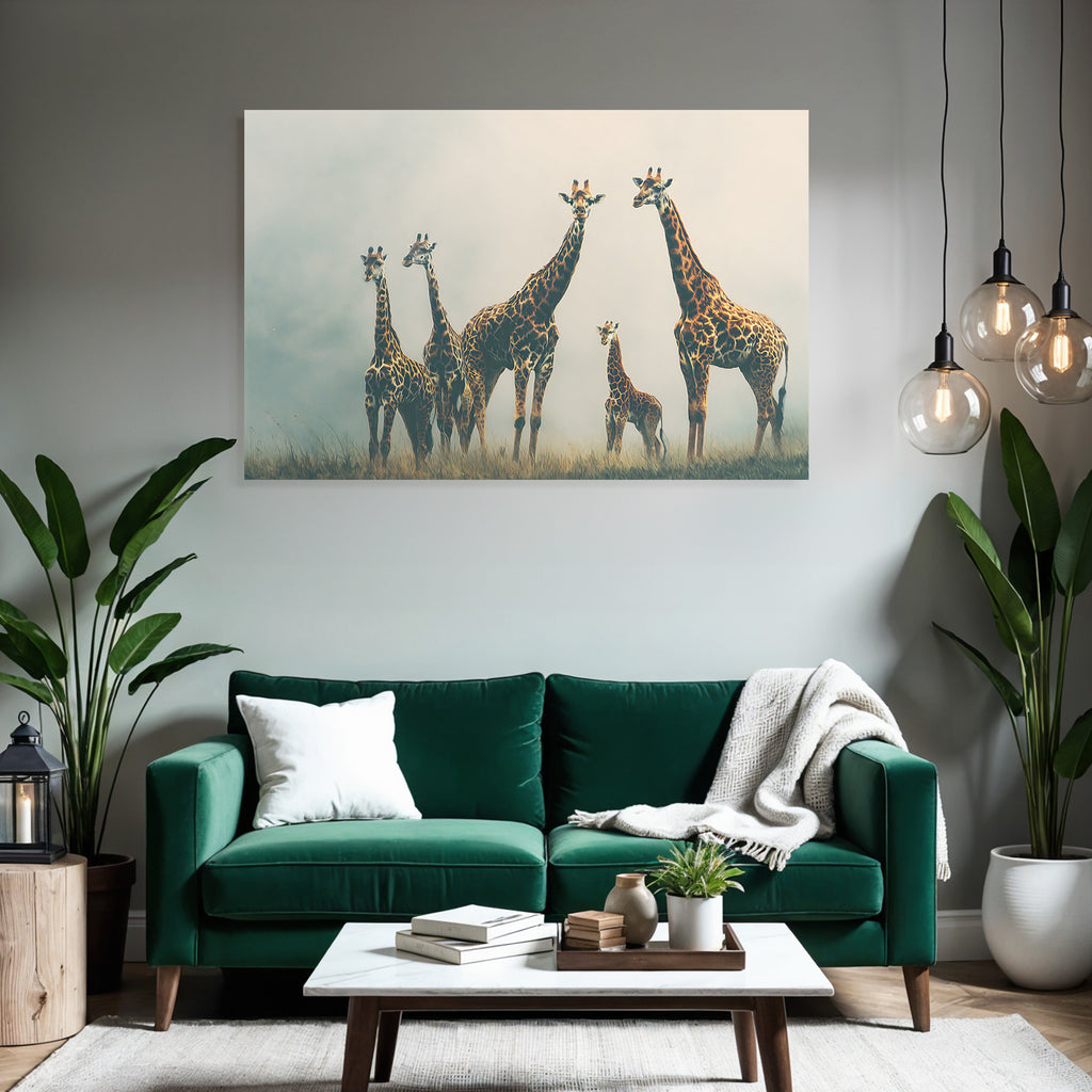 Giraffen Gruppenbild Mit Kalb In Einer Nebligen Wiese