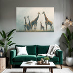 Giraffen Gruppenbild Mit Kalb In Einer Nebligen Wiese