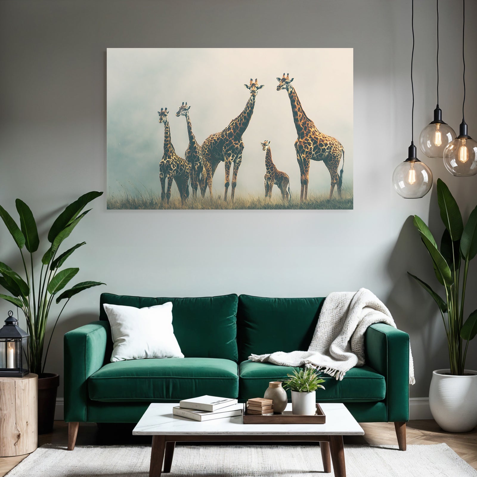 Giraffen Gruppenbild Mit Kalb In Einer Nebligen Wiese