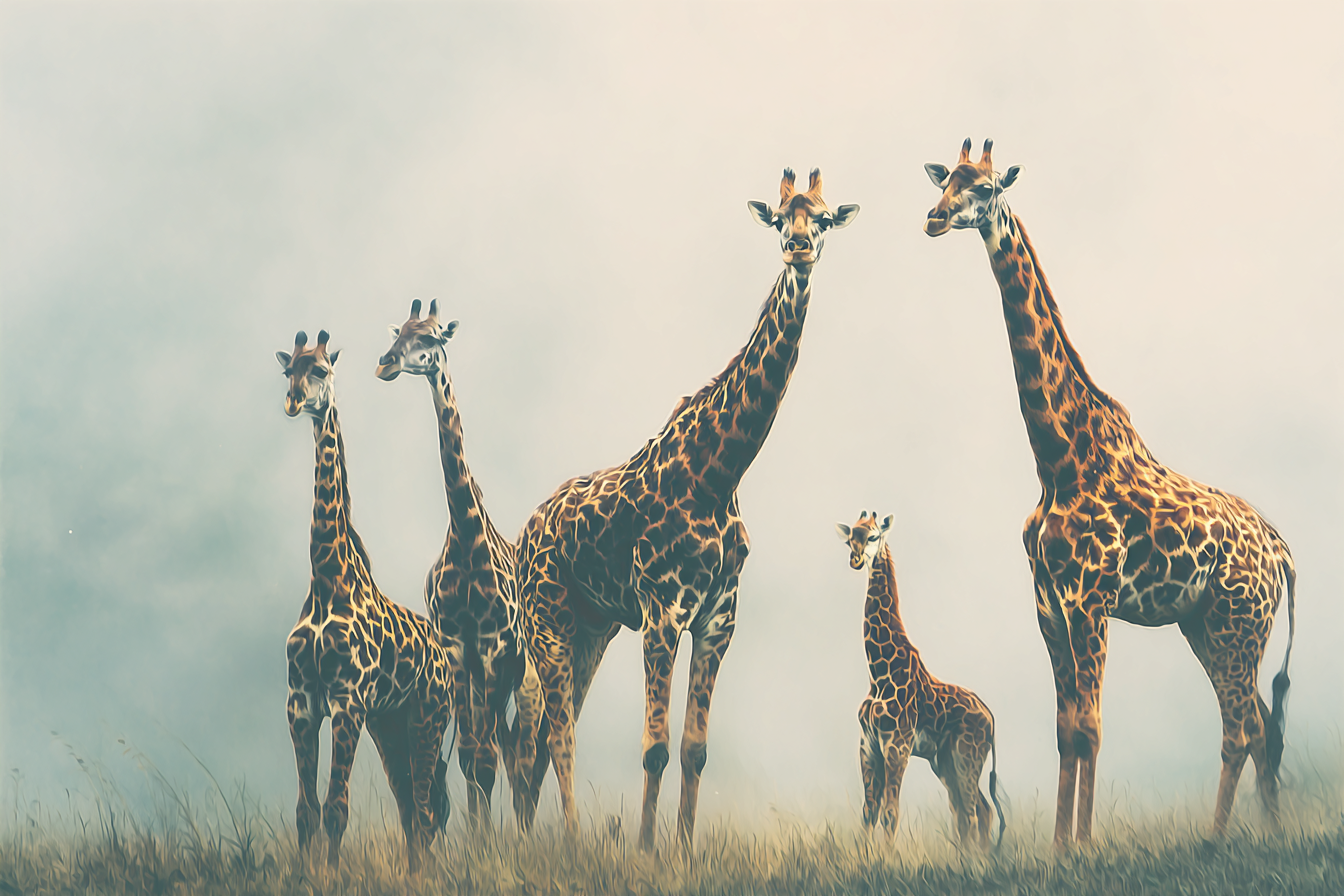 Giraffen Gruppenbild Mit Kalb In Einer Nebligen Wiese | Safari und Wildtiere | Tiere