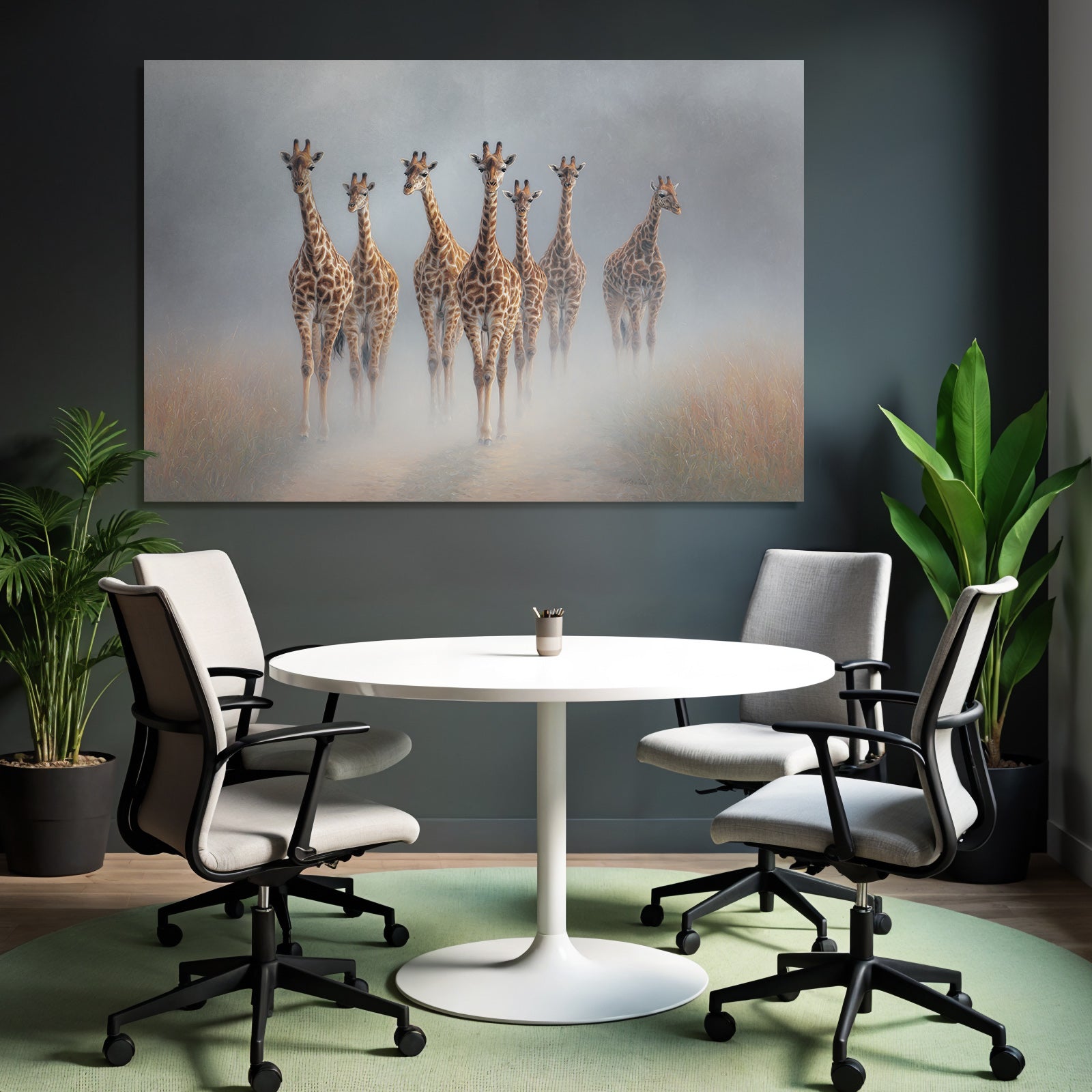 Giraffen Im Nebelhafte Landschaft Walken Durch Graspfad