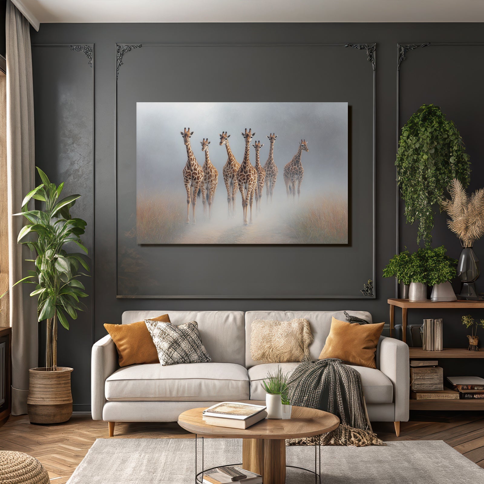 Giraffen Im Nebelhafte Landschaft Walken Durch Graspfad