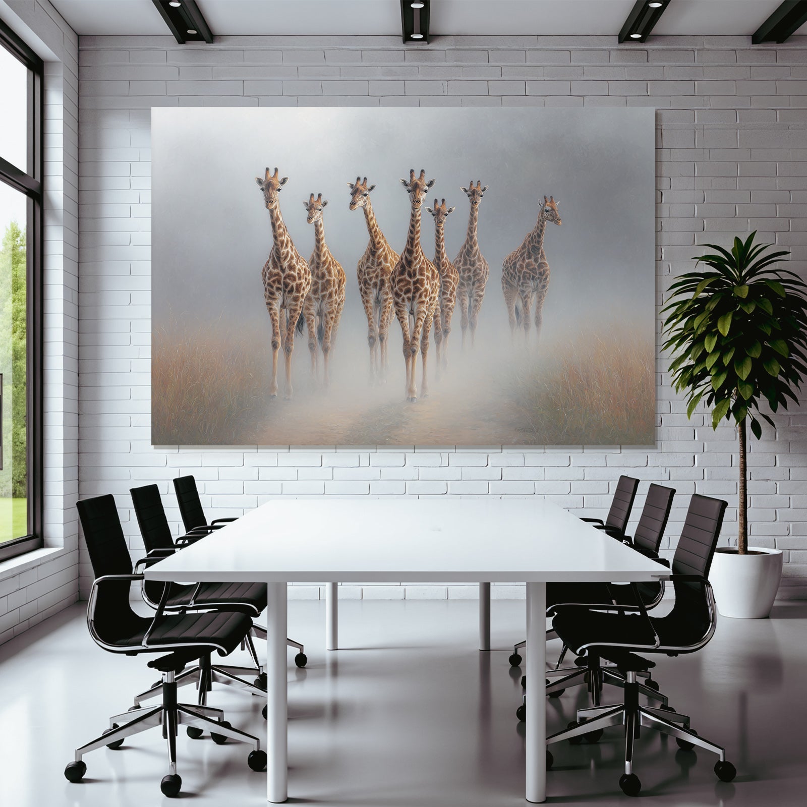 Giraffen Im Nebelhafte Landschaft Walken Durch Graspfad