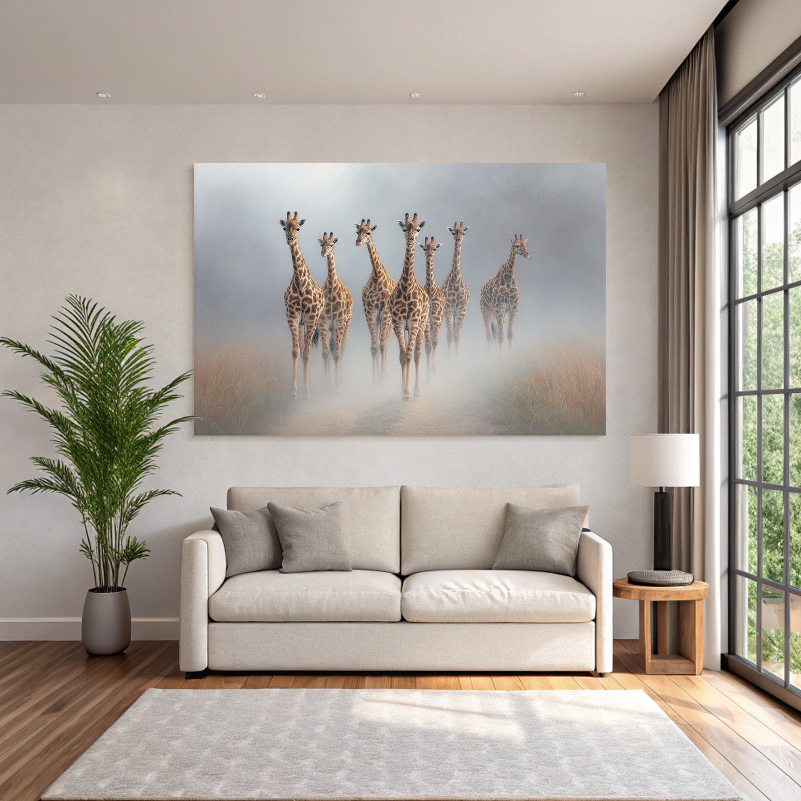 Giraffen Im Nebelhafte Landschaft Walken Durch Graspfad