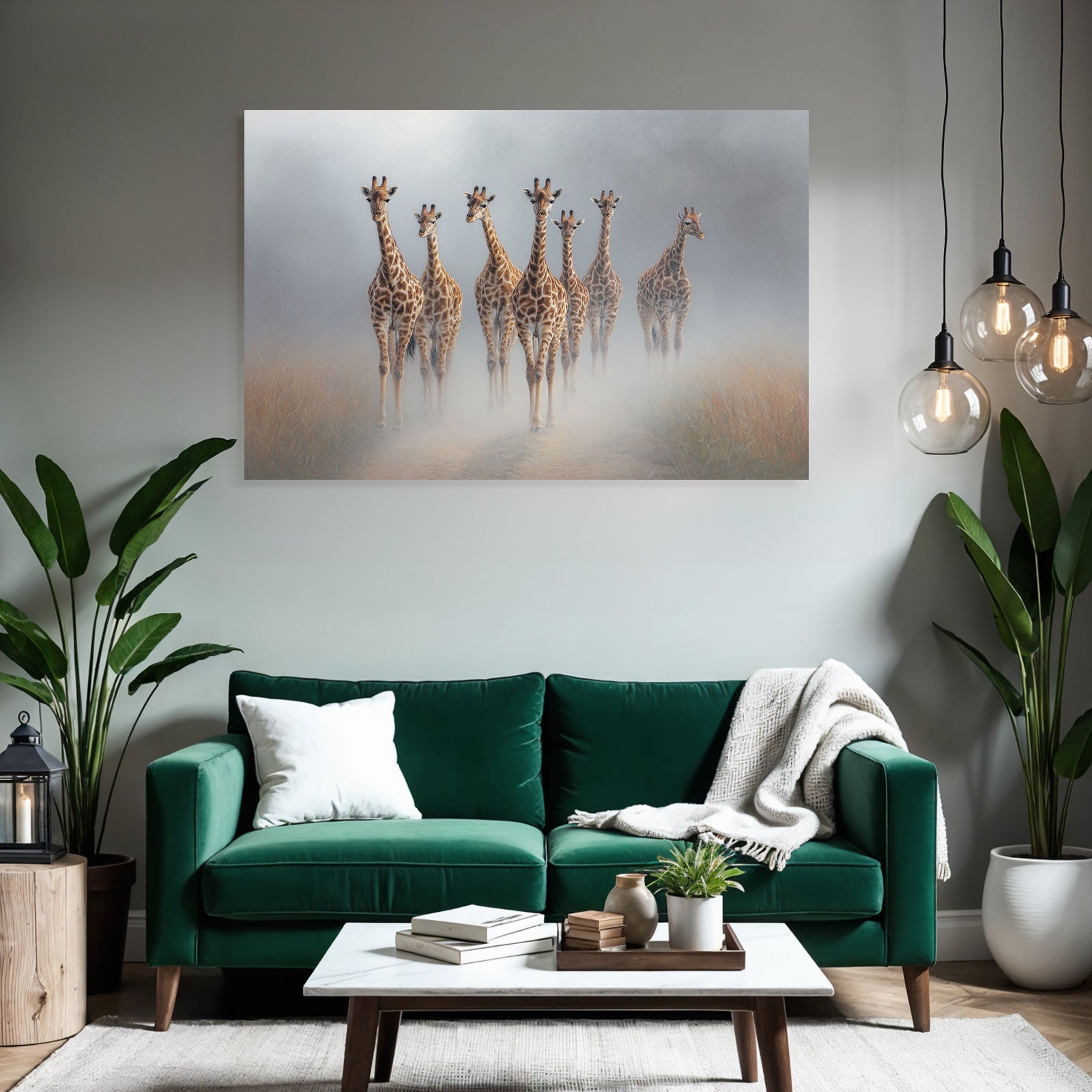 Giraffen Im Nebelhafte Landschaft Walken Durch Graspfad