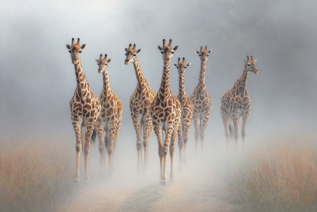 Giraffen Im Nebelhafte Landschaft Walken Durch Graspfad | Safari und Wildtiere | Tiere