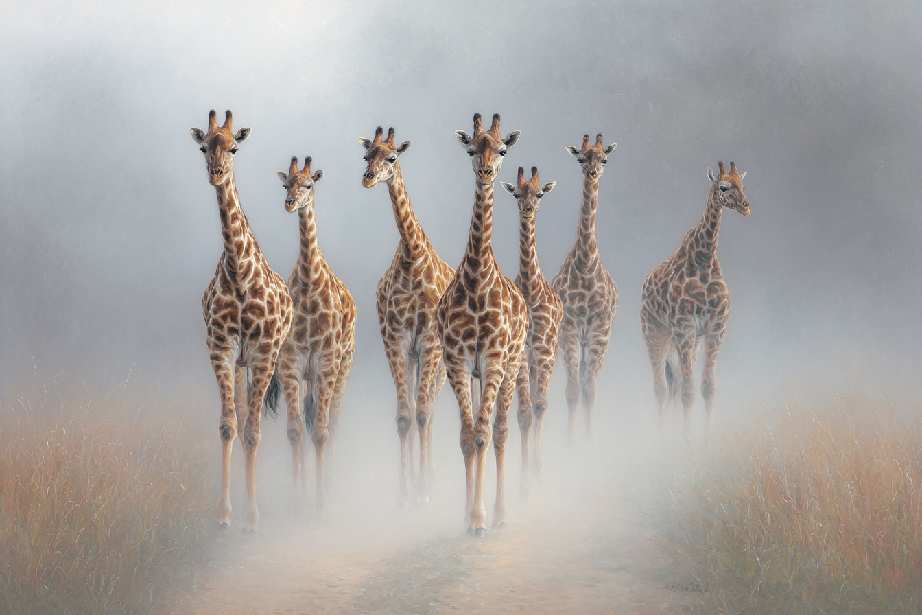 Giraffen Im Nebelhafte Landschaft Walken Durch Graspfad | Safari und Wildtiere | Tiere
