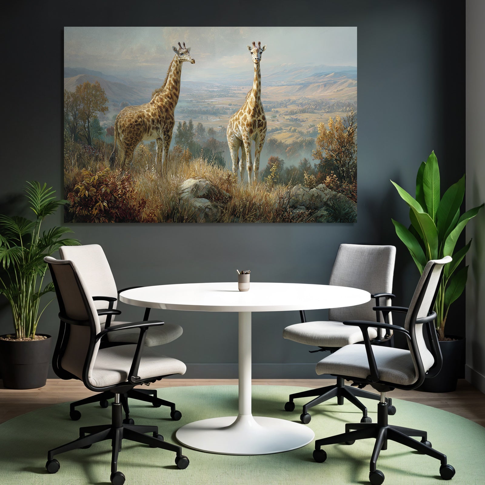 Giraffen In Einer Szenischen Landschaft Mit Bäumen Und Bergen
