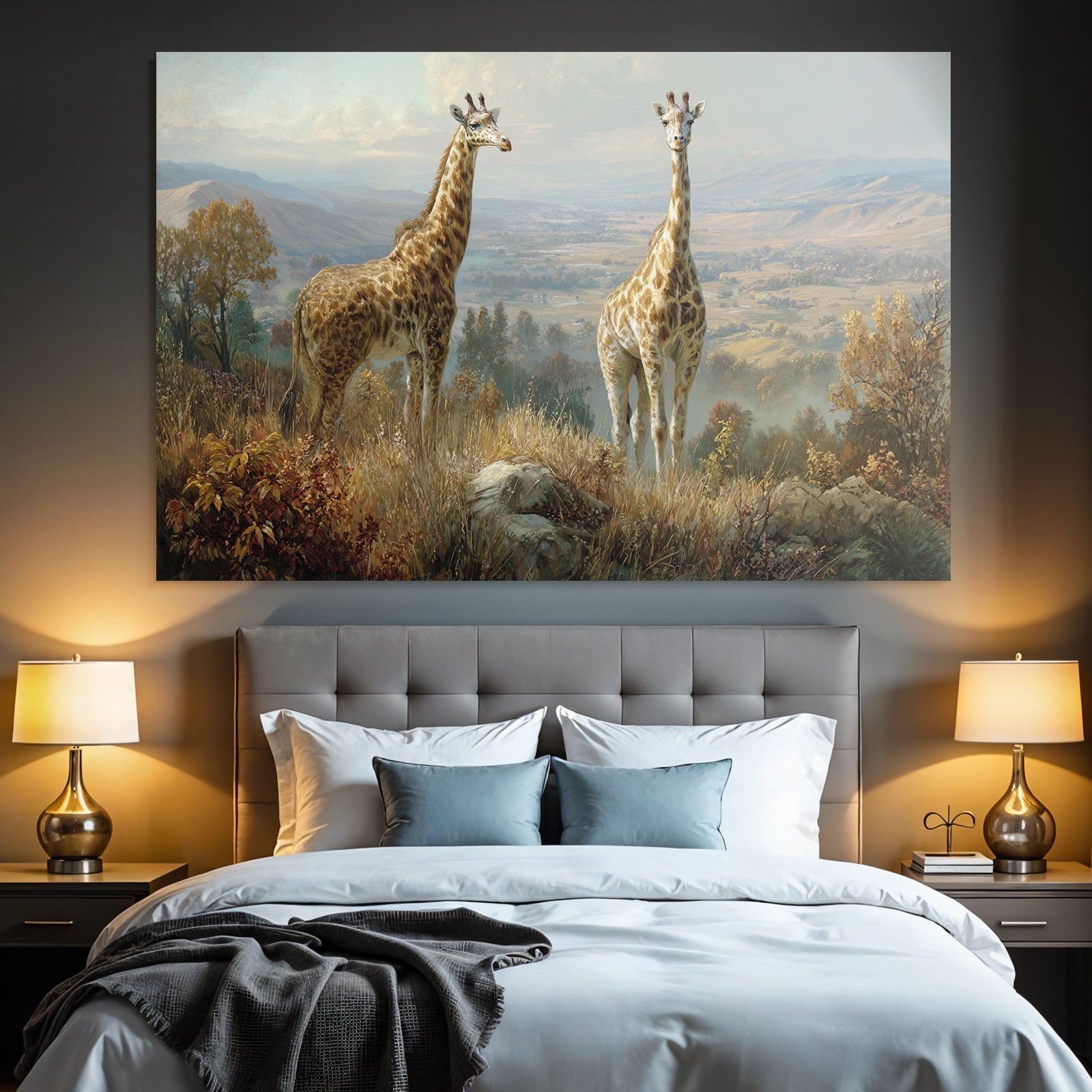 Giraffen In Einer Szenischen Landschaft Mit Bäumen Und Bergen